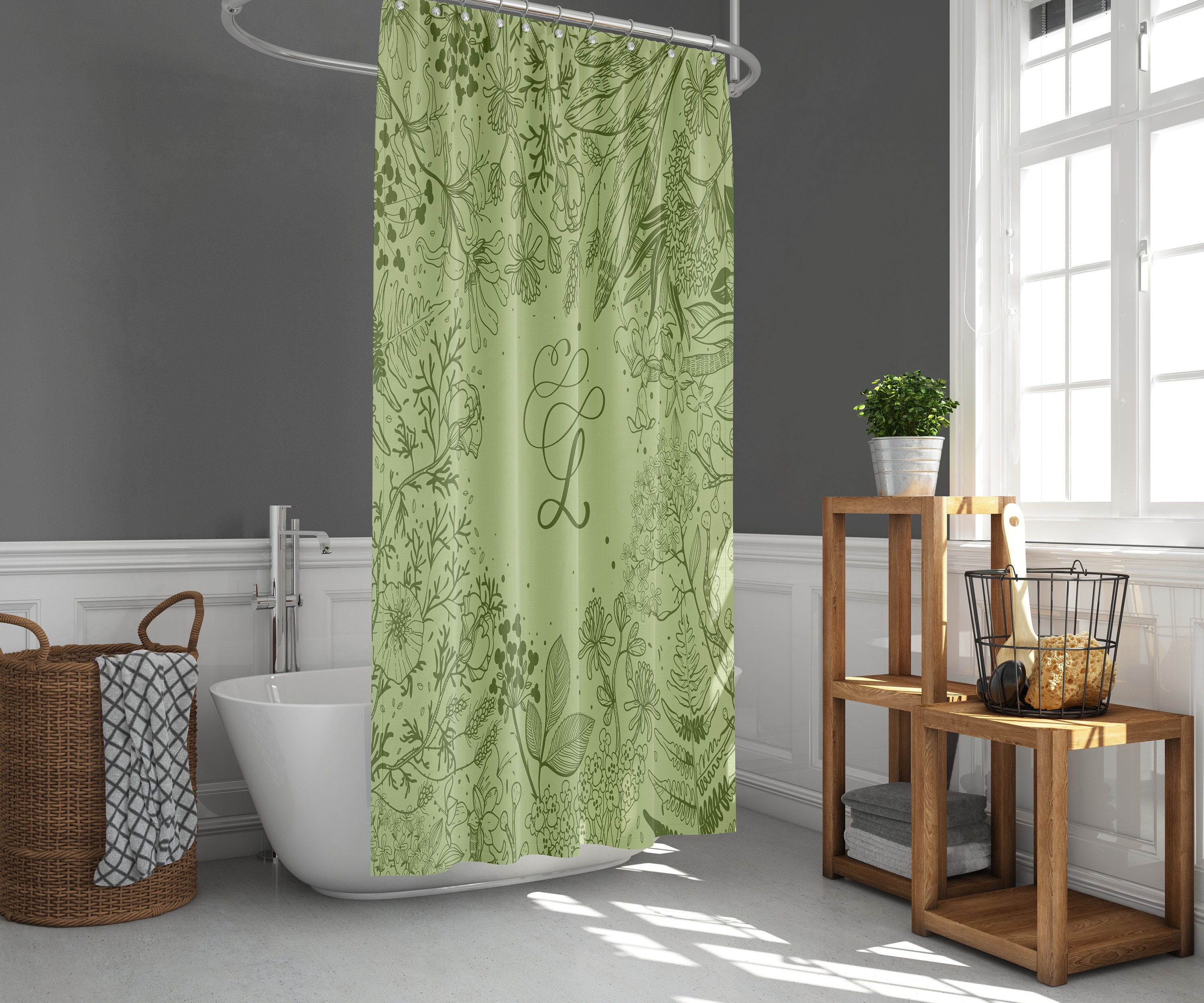 Personalized Monogram Shower Curtain, Green Foliage Alphabet Design Fabric Bathroom Curtain - Image 2