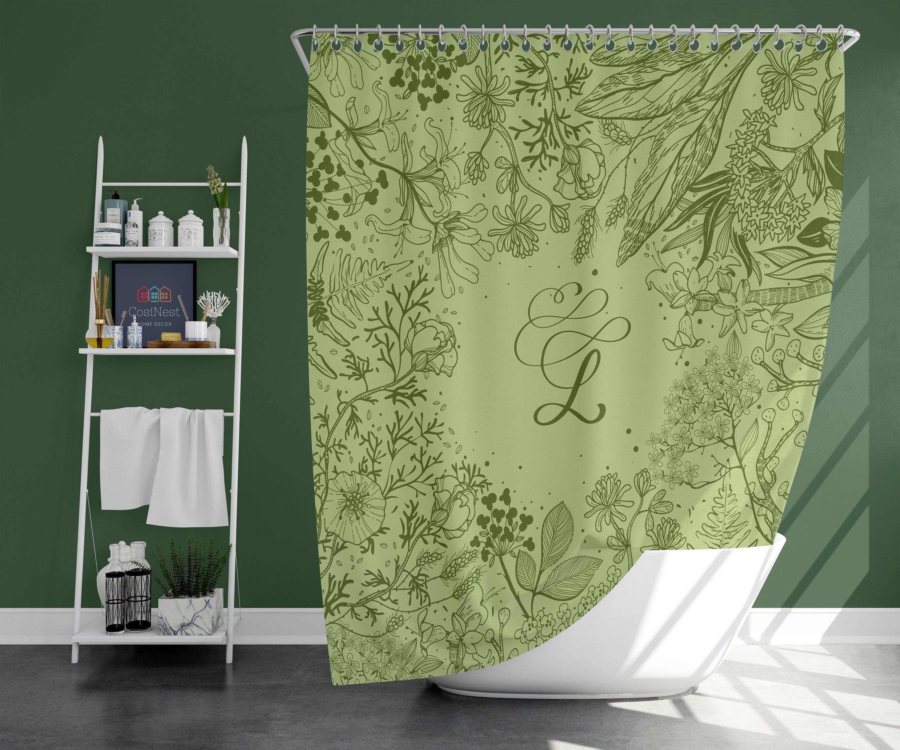 Personalized Monogram Shower Curtain, Green Foliage Alphabet Design Fabric Bathroom Curtain - Image 3