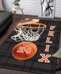Personalized Name Basketball Rug - Orange and Black Sports Room Decor Rug for Living Room or Bedroom with Custom Text