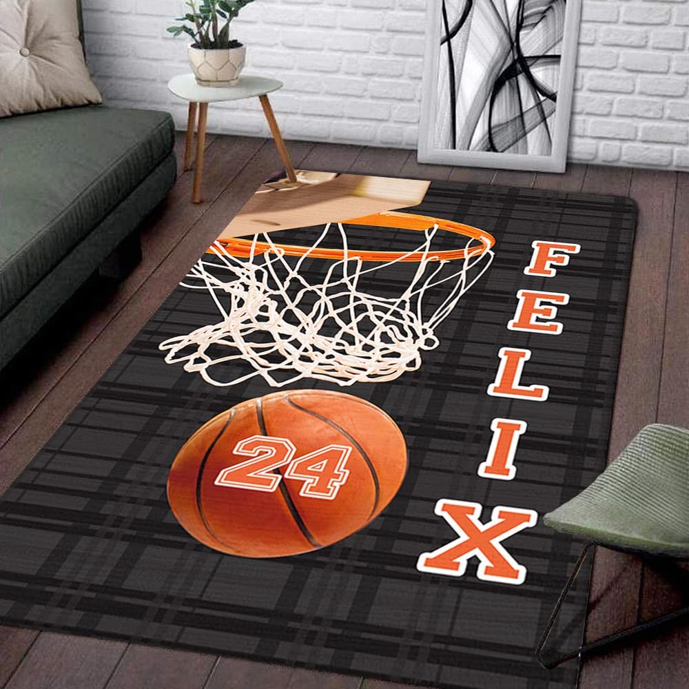 Personalized Name Basketball Rug - Orange and Black Sports Room Decor Rug for Living Room or Bedroom with Custom Text