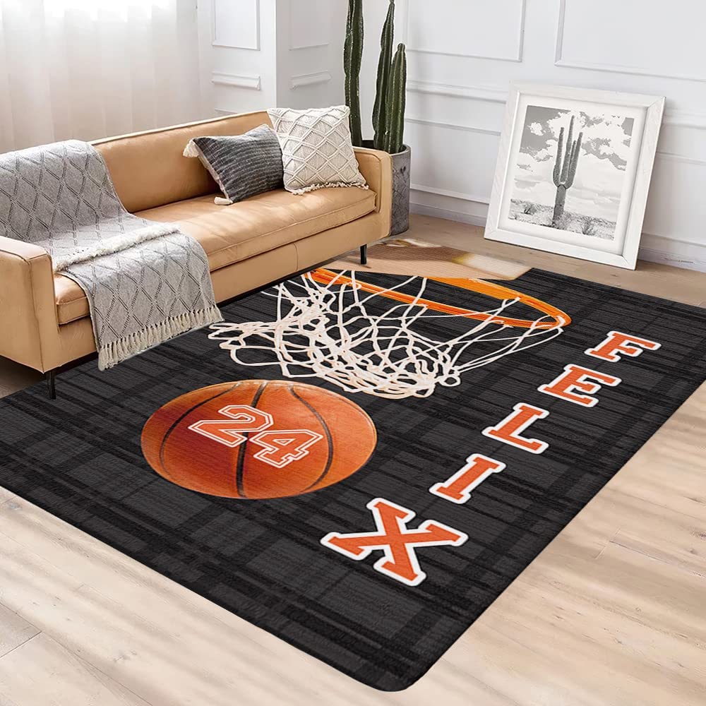 Personalized Name Basketball Rug - Orange and Black Sports Room Decor Rug for Living Room or Bedroom with Custom Text - Image 2