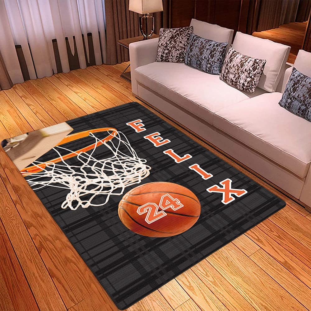 Personalized Name Basketball Rug - Orange and Black Sports Room Decor Rug for Living Room or Bedroom with Custom Text - Image 3