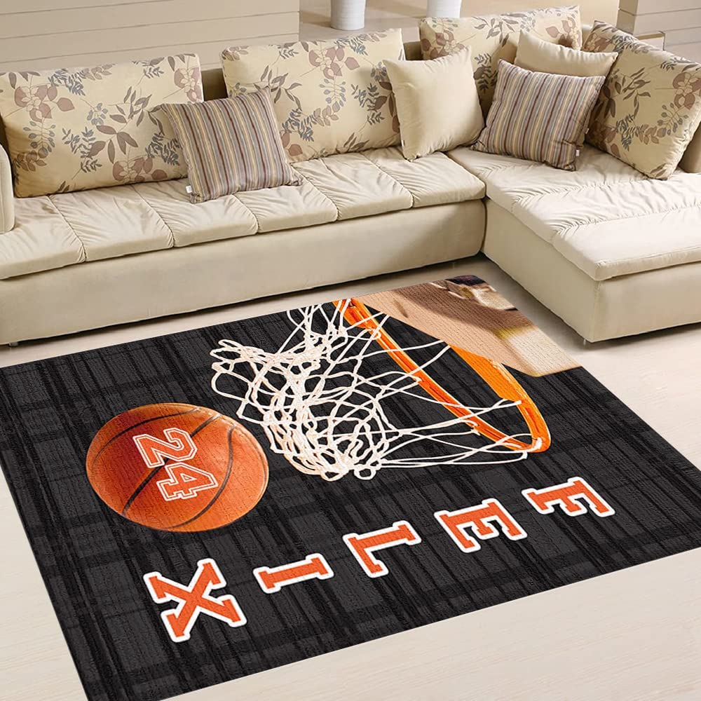 Personalized Name Basketball Rug - Orange and Black Sports Room Decor Rug for Living Room or Bedroom with Custom Text - Image 4