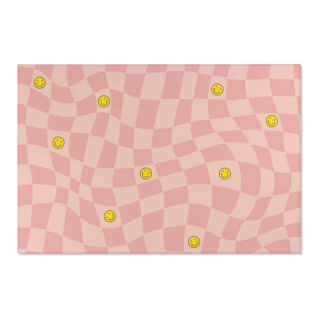 Personalized Pink Pastel Area Rug with Aesthetic Retro 70s Vibe for Bedroom and Living Room Decor