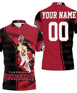 Personalized Polo Shirt with All Over Print for Fans of Tampa Bay Buccaneers featuring Tom Brady Running 12 Legend