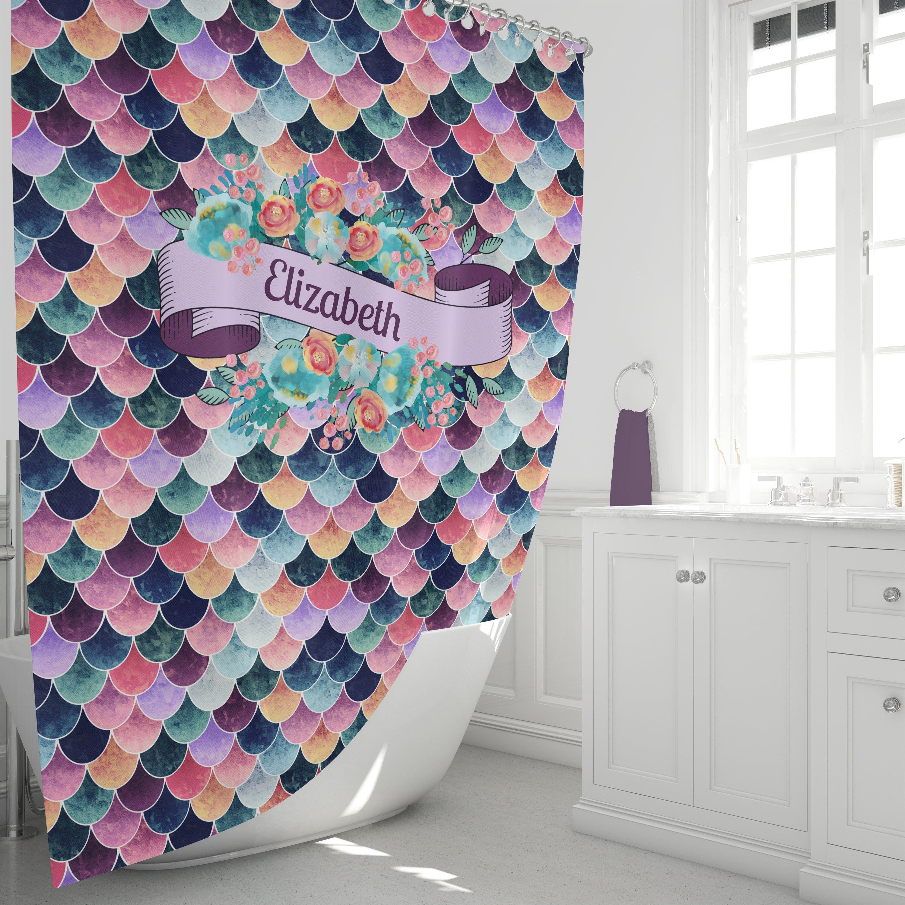 Personalized Purple Mermaid Scales Shower Curtain, Make Your Bathroom Unique - Image 2