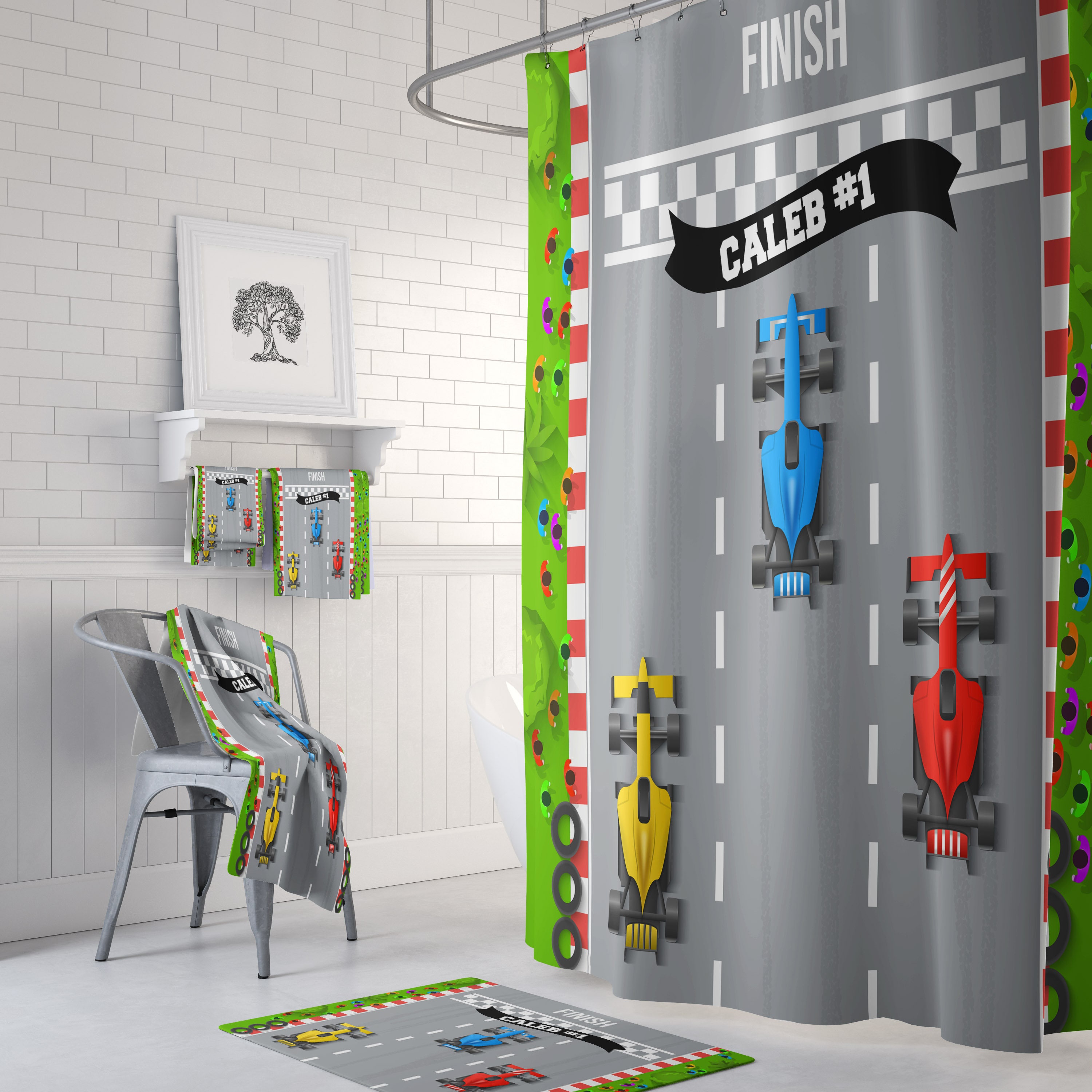 Personalized Race Car Shower Curtain with Checkered Flag Bath Set