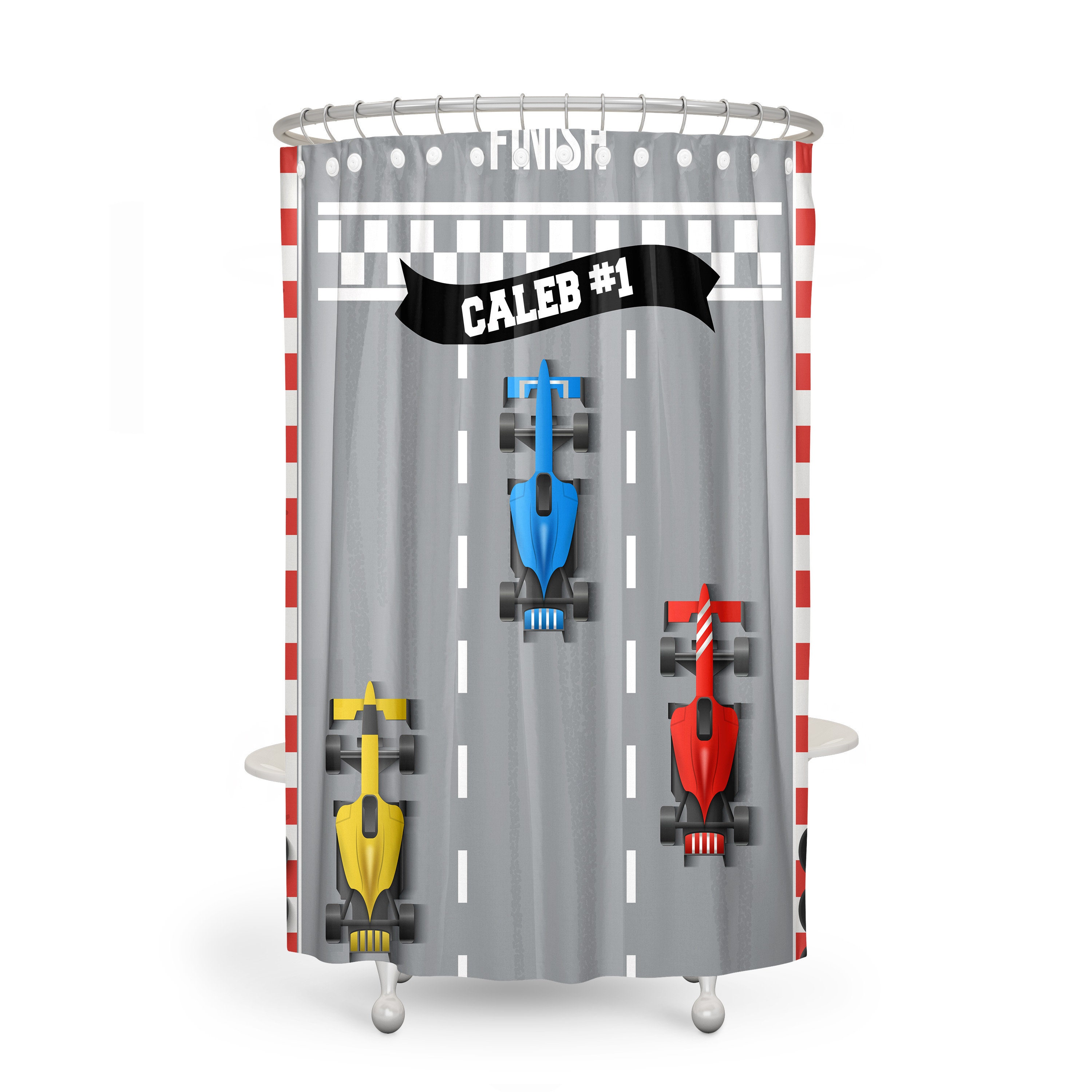 Personalized Race Car Shower Curtain with Checkered Flag Bath Set - Image 2