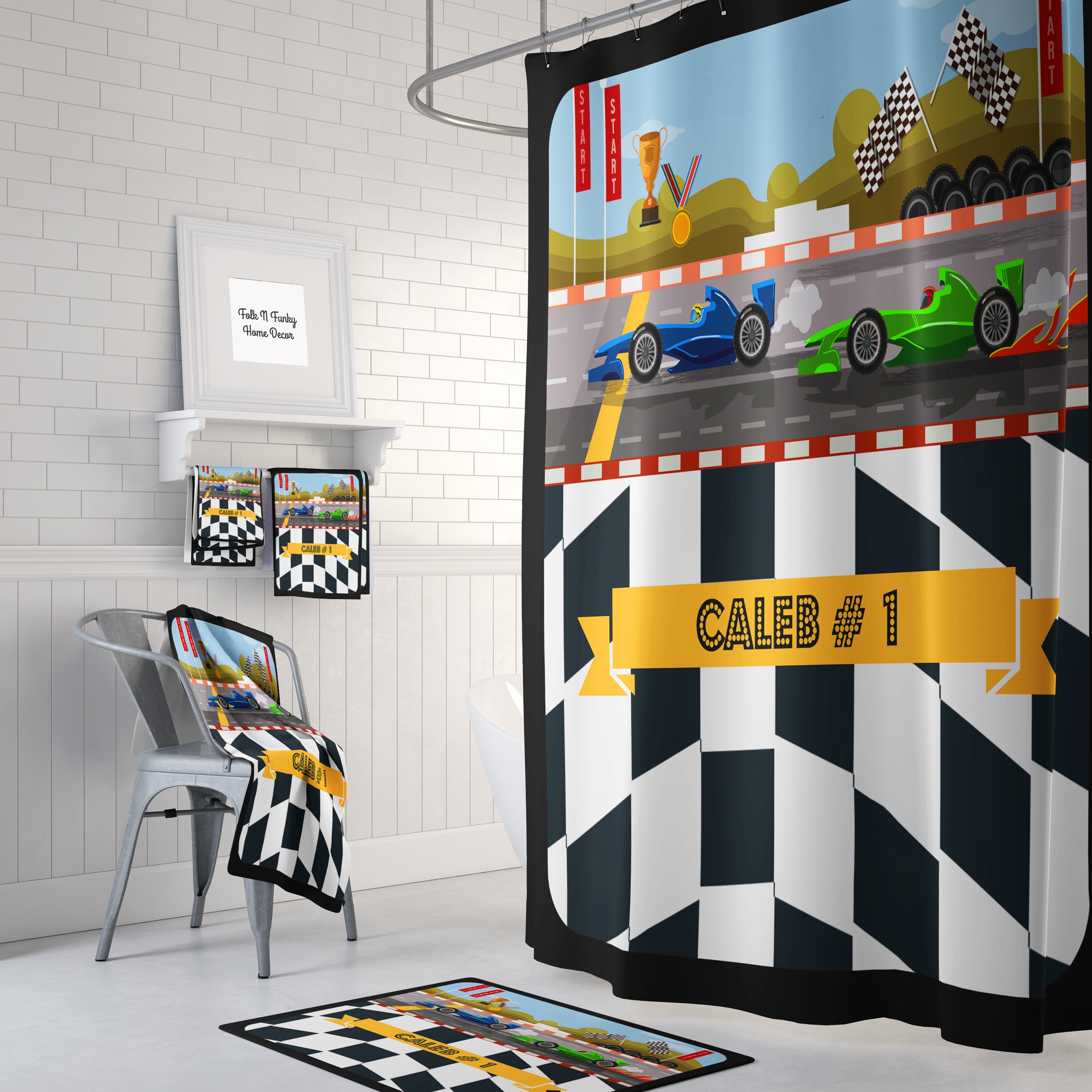 Personalized Race Car Shower Curtain with Custom Bathroom Decor