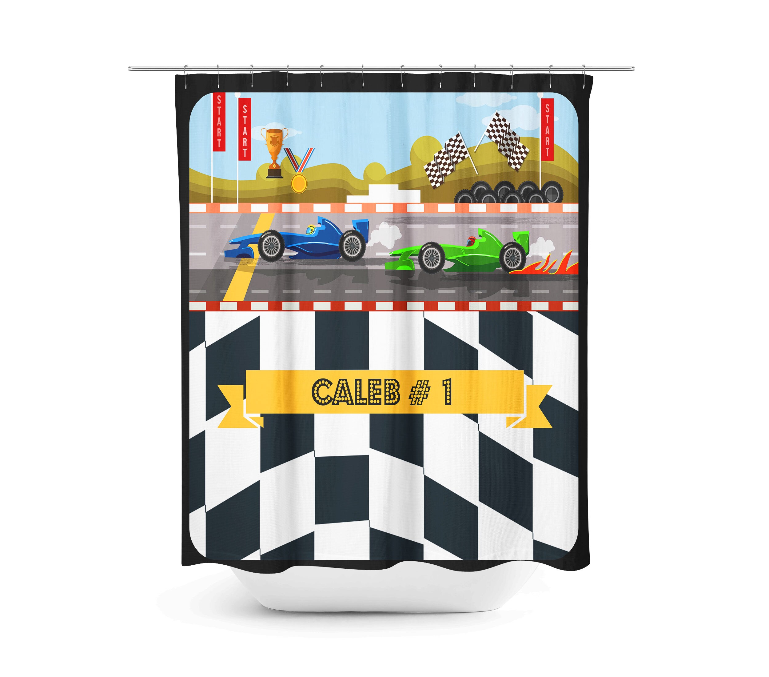 Personalized Race Car Shower Curtain with Custom Bathroom Decor - Image 2