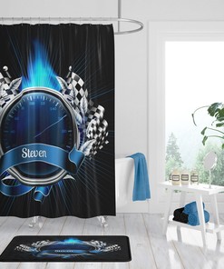 Personalized Race Car Theme Shower Curtain with Matching Checkered Bath Mat and Towels Set