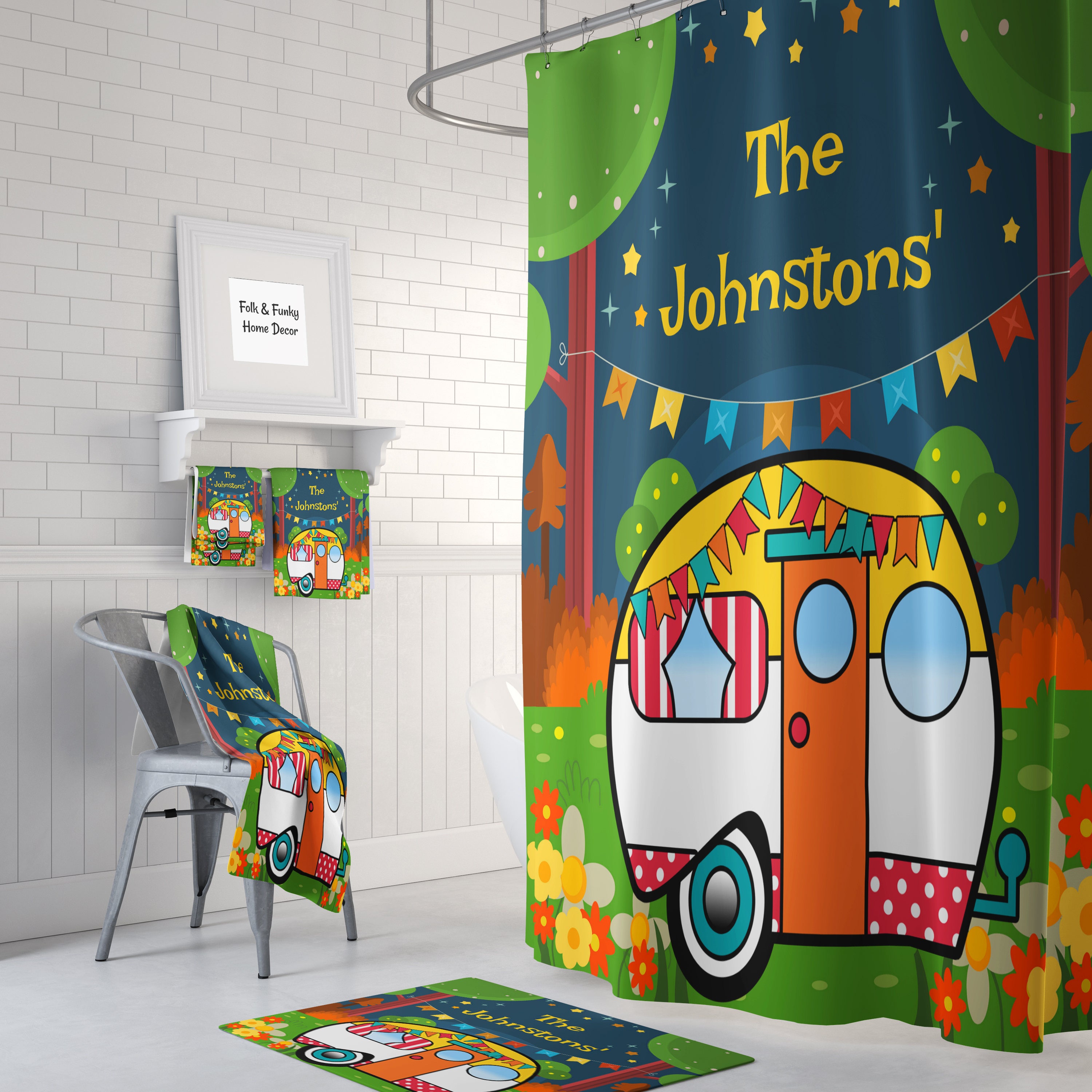 Personalized Retro Camper Shower Curtain | Glam Camping Camper Design | Vintage Bathroom Decor