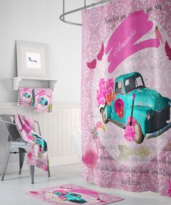 Personalized Retro Old Truck Shower Curtain | Boho Pink Bath Curtain | Vintage Bathroom Decor