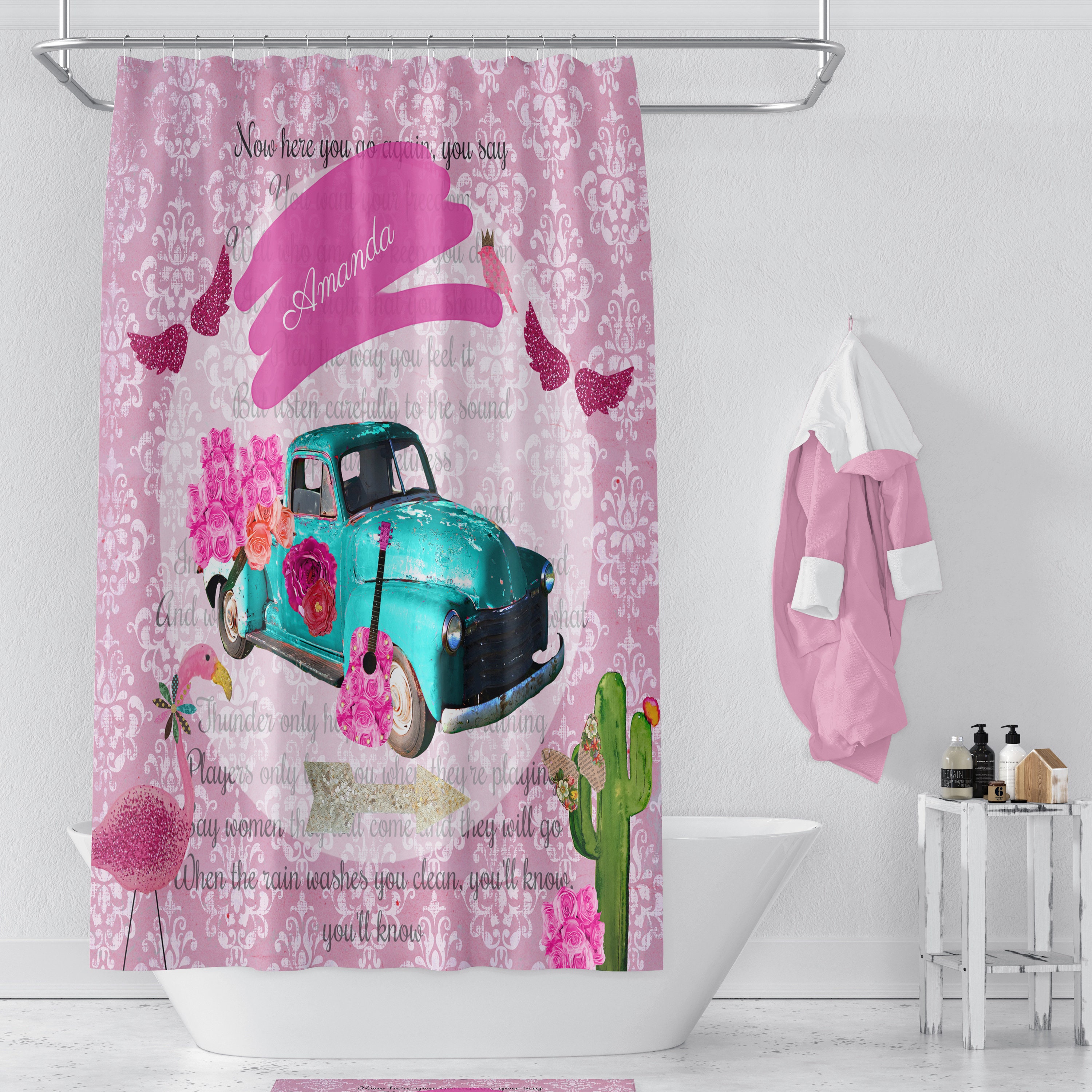 Personalized Retro Old Truck Shower Curtain | Boho Pink Bath Curtain | Vintage Bathroom Decor - Image 2