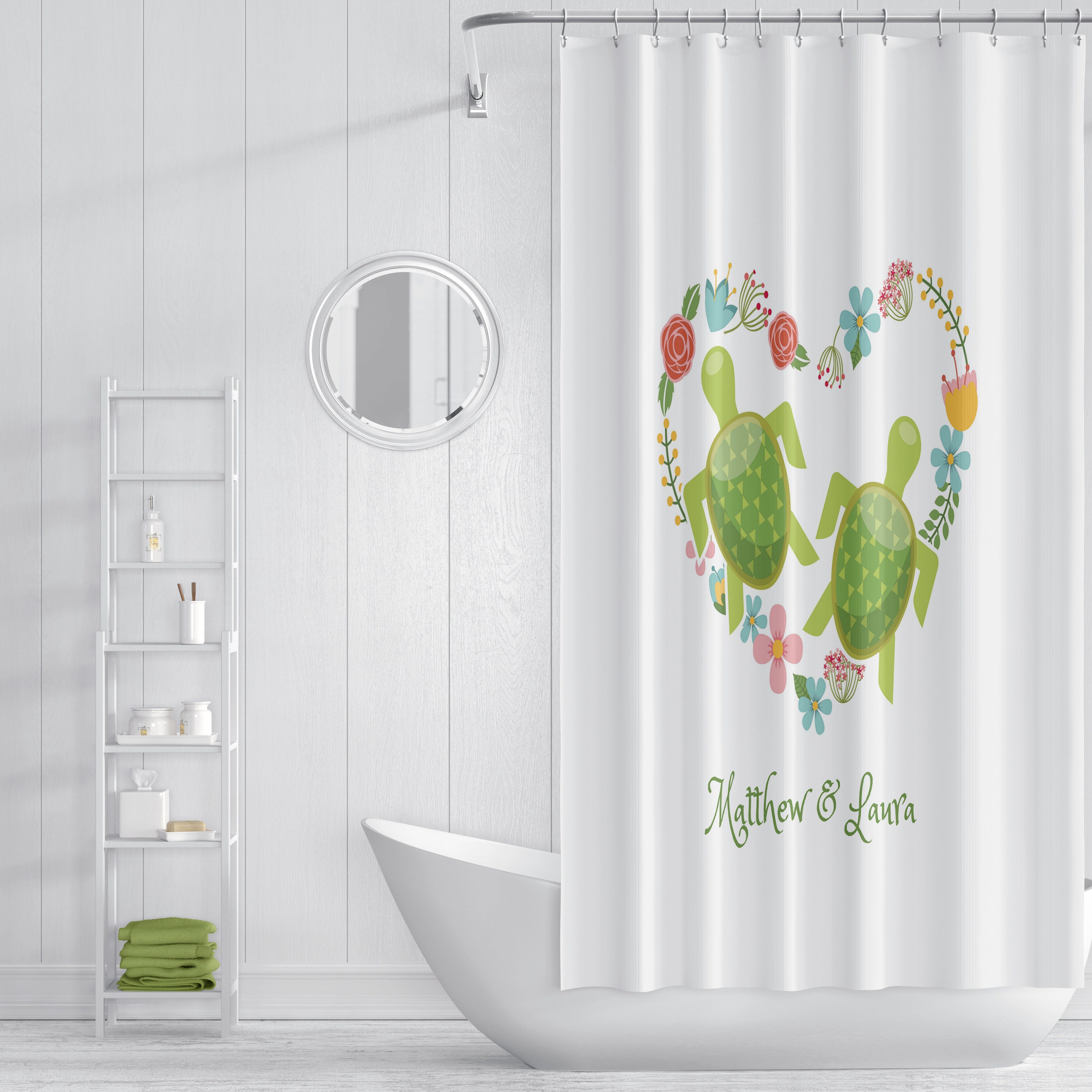 Personalized Sea Turtle Shower Curtain with Coordinating Bath Mat and Towels