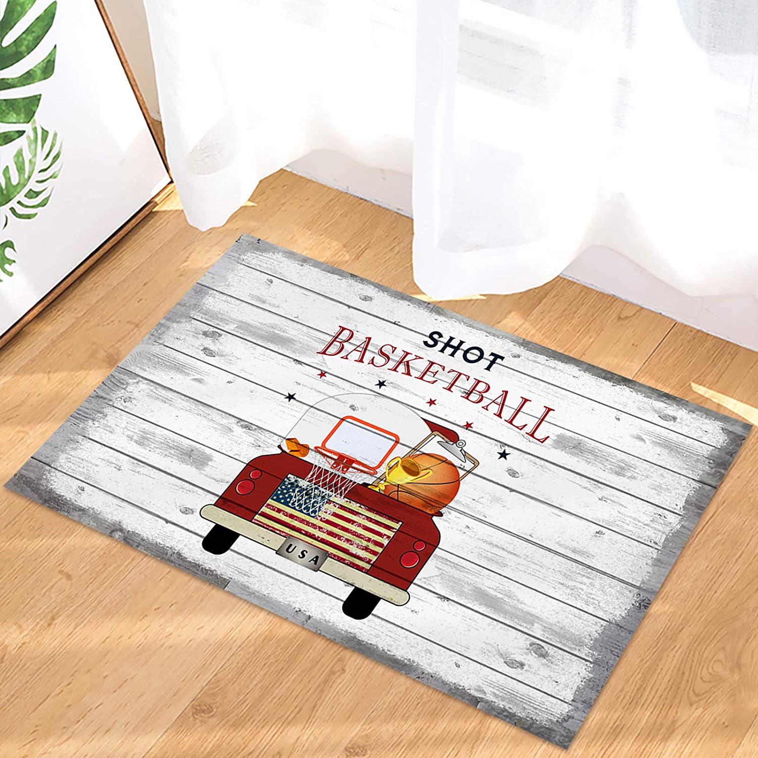Personalized Shot Basketball Red Truck Retro Wood Grain Area Rug for Boys' Room and Living Room Decoration