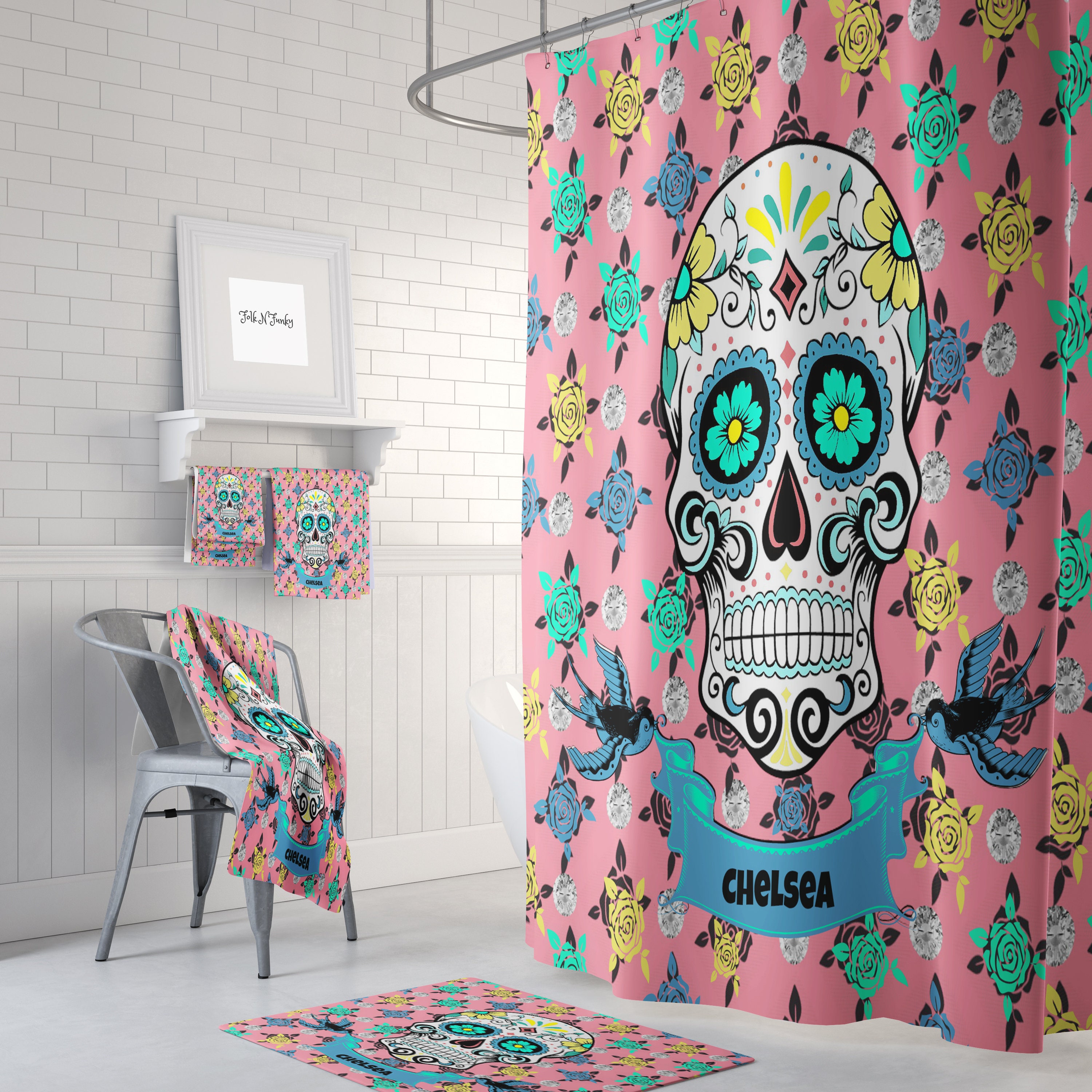 Personalized Sugar Skull Bathroom Set with Pink Skull Shower Curtain