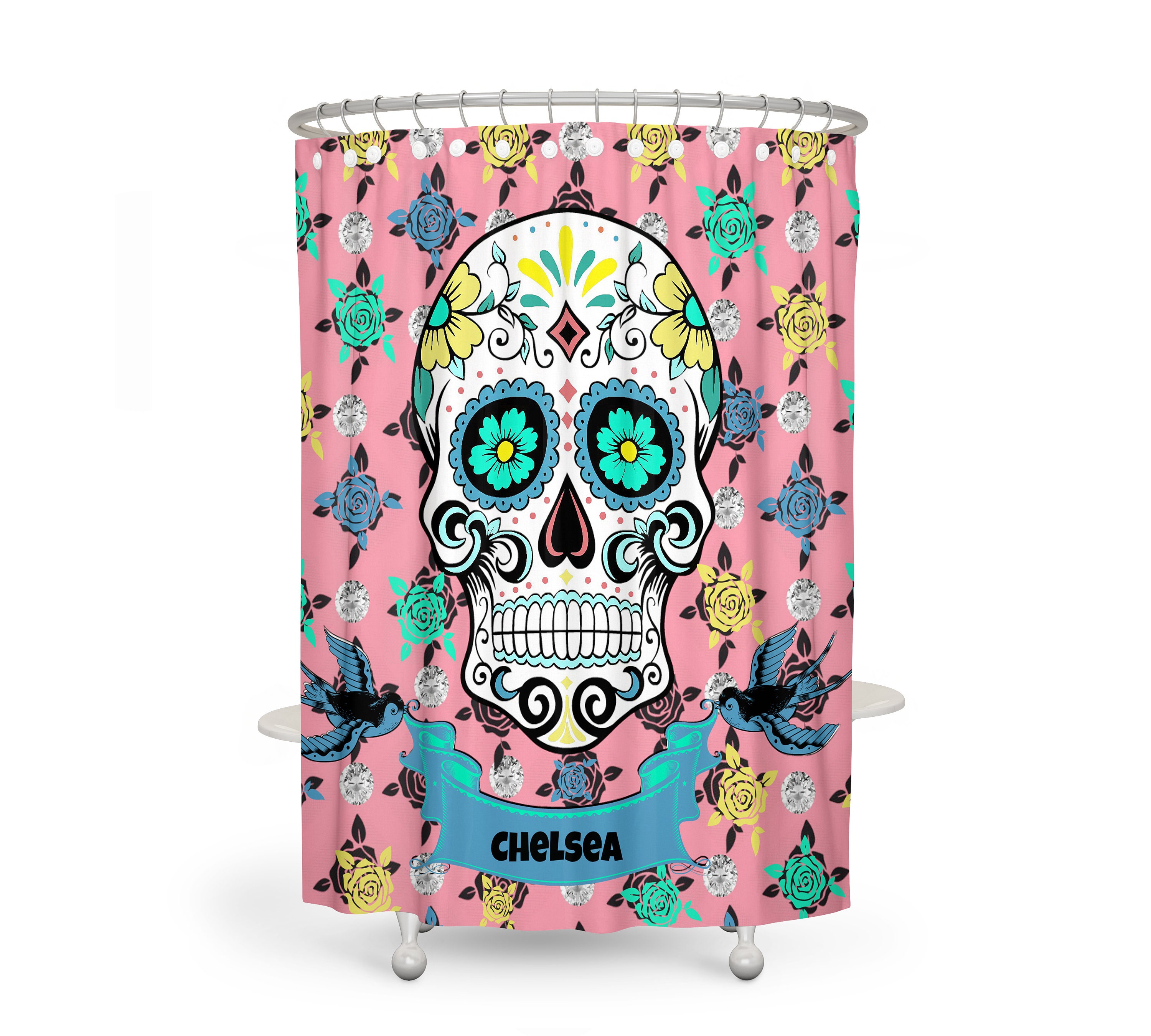 Personalized Sugar Skull Bathroom Set with Pink Skull Shower Curtain - Image 2