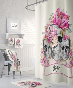 Personalized Sugar Skull Shower Curtain - Festive Bath Curtain with Pink Floral Print and Optional Bath Set for