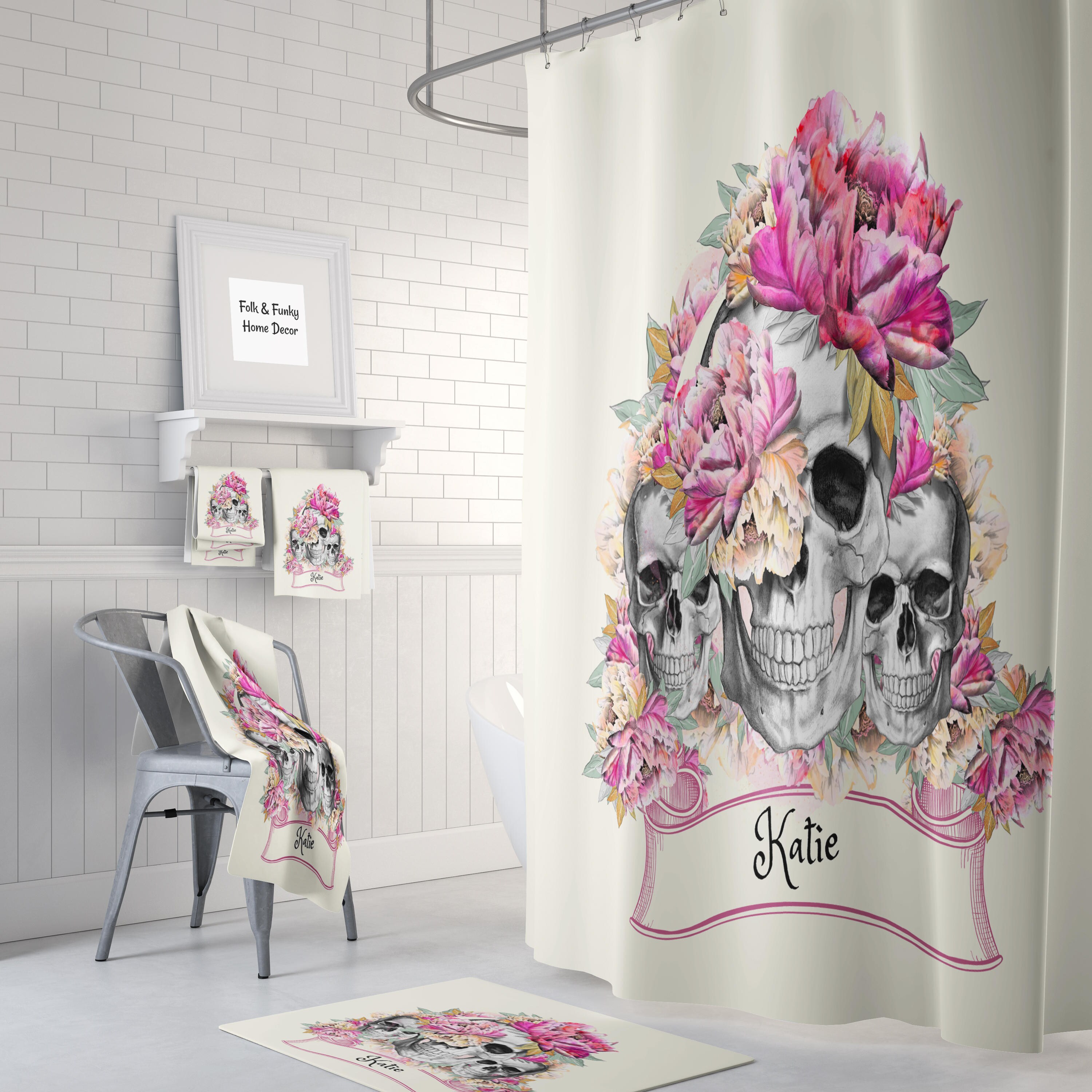Personalized Sugar Skull Shower Curtain - Festive Bath Curtain with Pink Floral Print and Optional Bath Set for