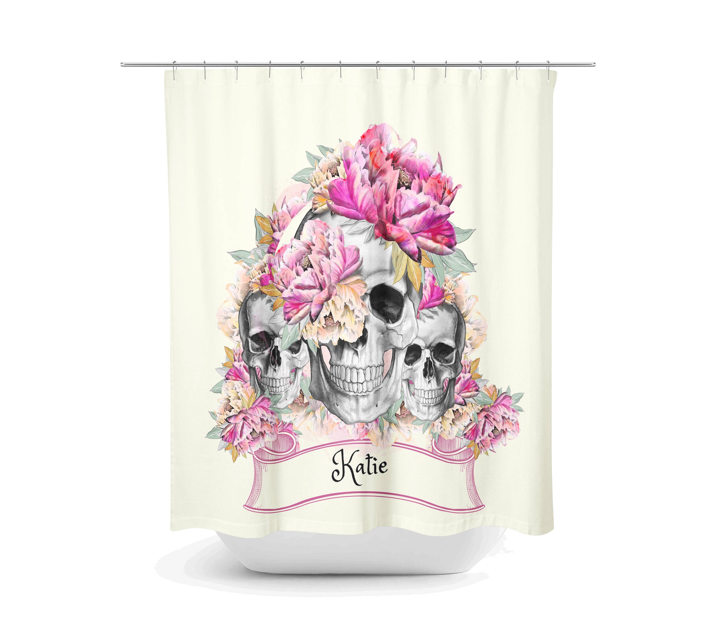 Personalized Sugar Skull Shower Curtain - Festive Bath Curtain with Pink Floral Print and Optional Bath Set for - Image 2