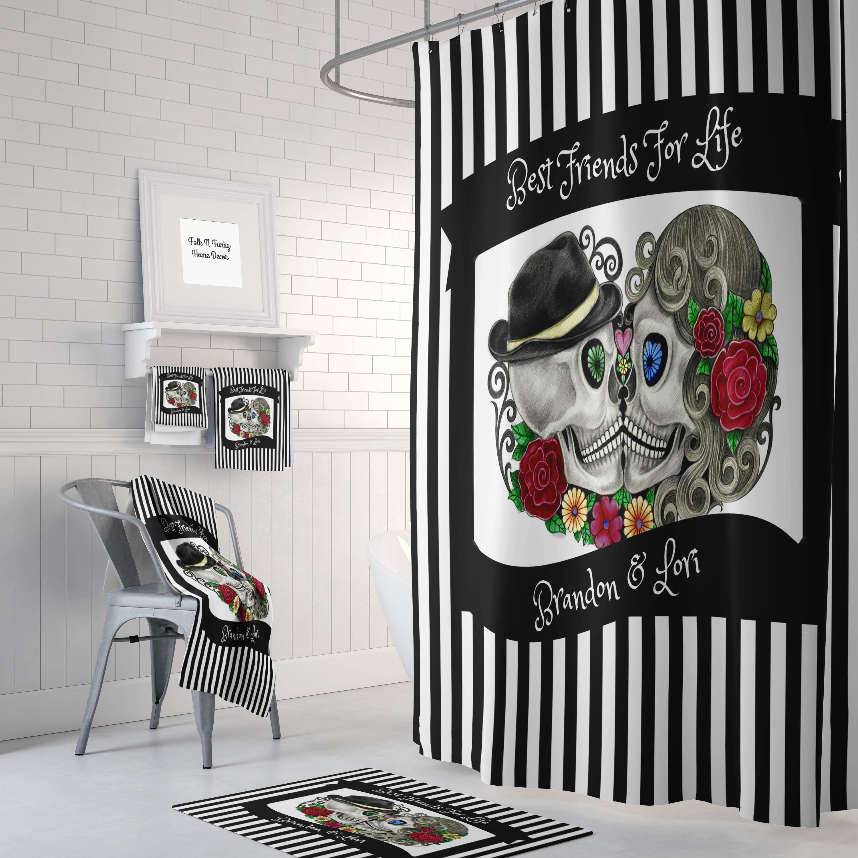 Personalized Sugar Skulls Day Of The Dead Shower Curtain Set with Kissing Skulls for a Romantic Bathroom Theme