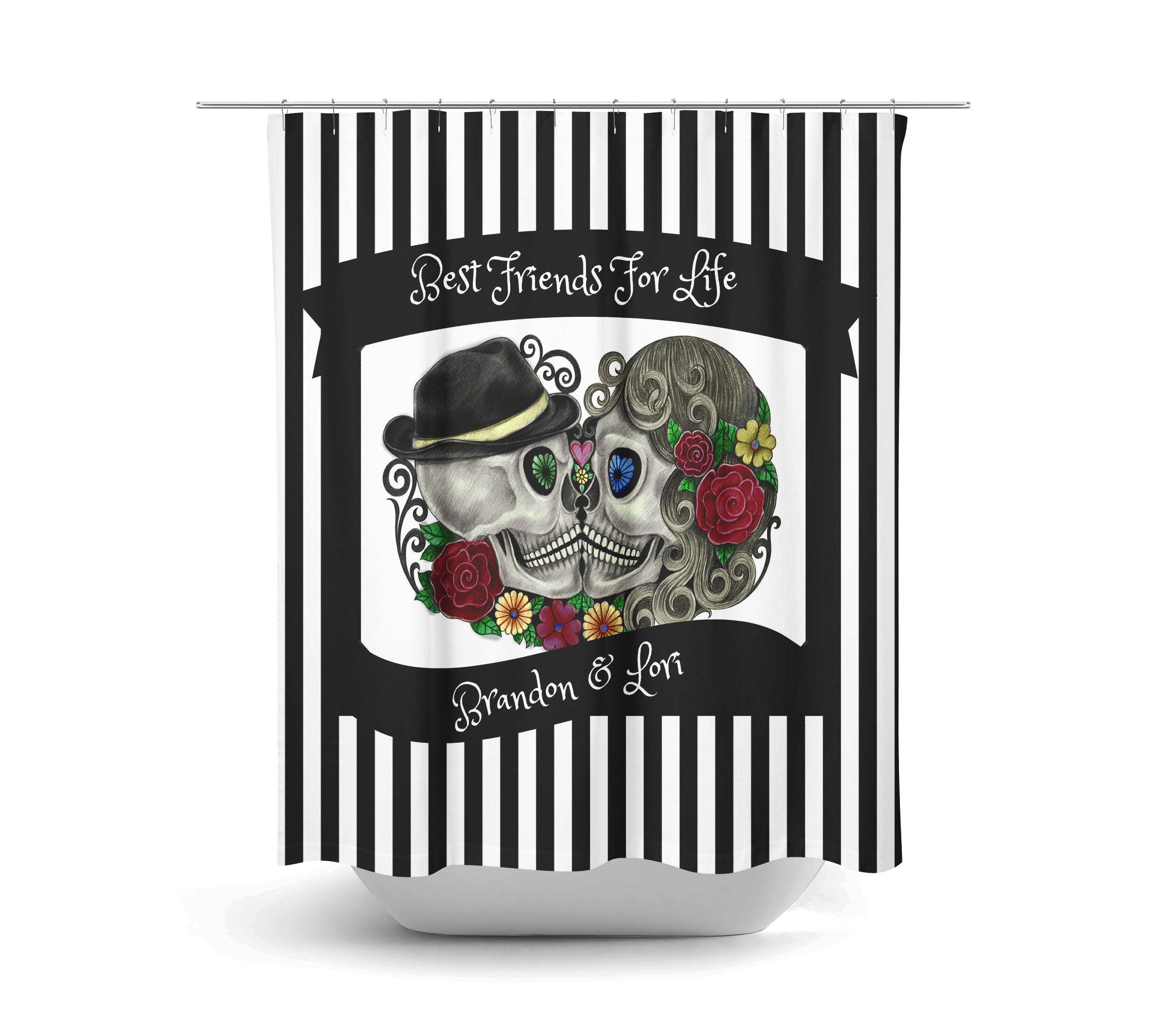 Personalized Sugar Skulls Day Of The Dead Shower Curtain Set with Kissing Skulls for a Romantic Bathroom Theme - Image 2