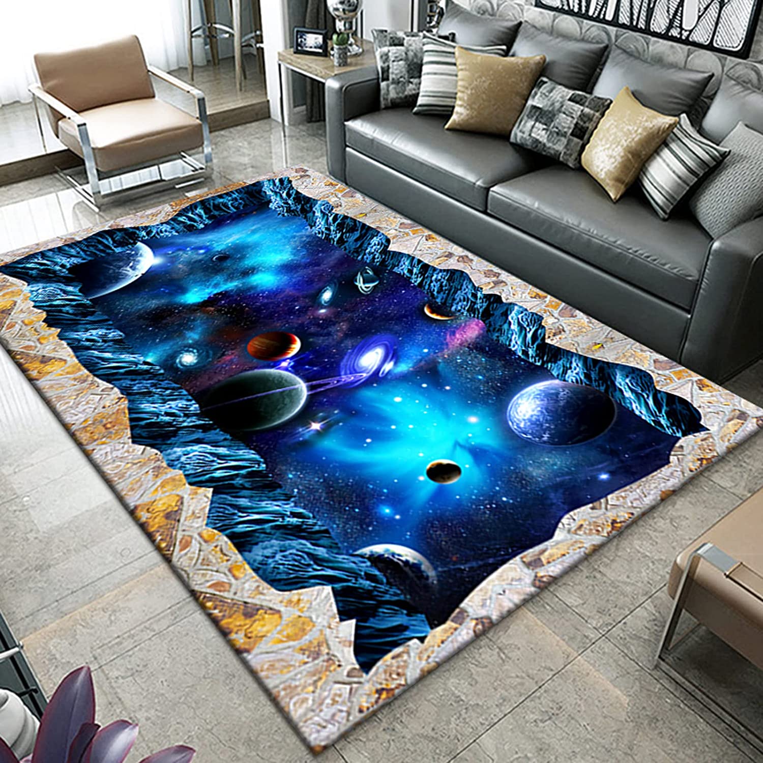 Personalized Universe Galaxy Starry Area Rug: Blue 3D Optical Illusion for an Out-of-This-World Home