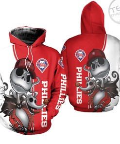 Philadelphia Phillies Jack Skellington and Zero 3D Zip-Up Hoodie in All Over Print