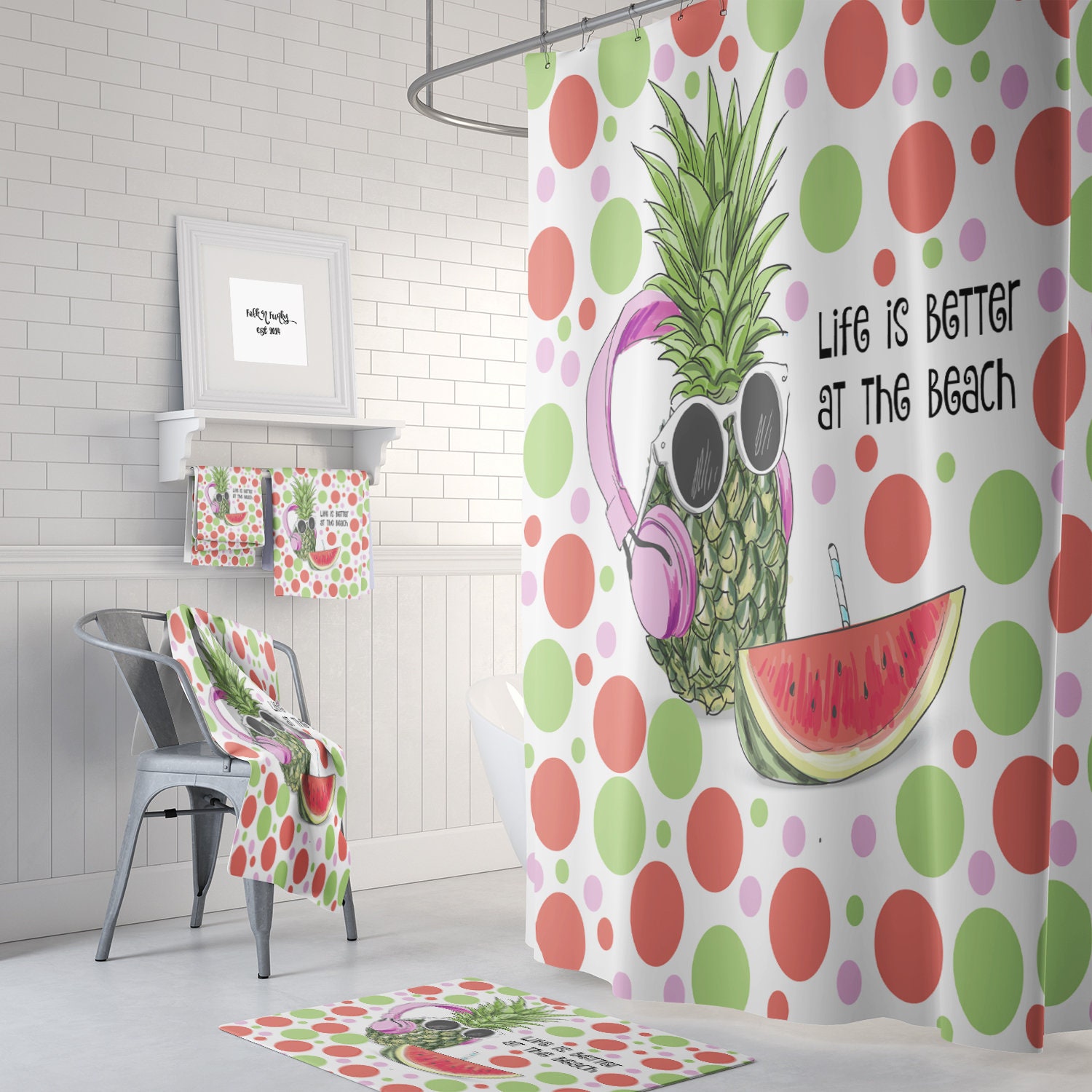 Pineapple Beach Theme Shower Curtain with Matching Bath Accessories