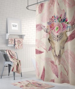 Pink Boho Bull Skull Shower Curtain, Bohemian Bathroom Decor, Unique Bath Print, Eclectic Home Design