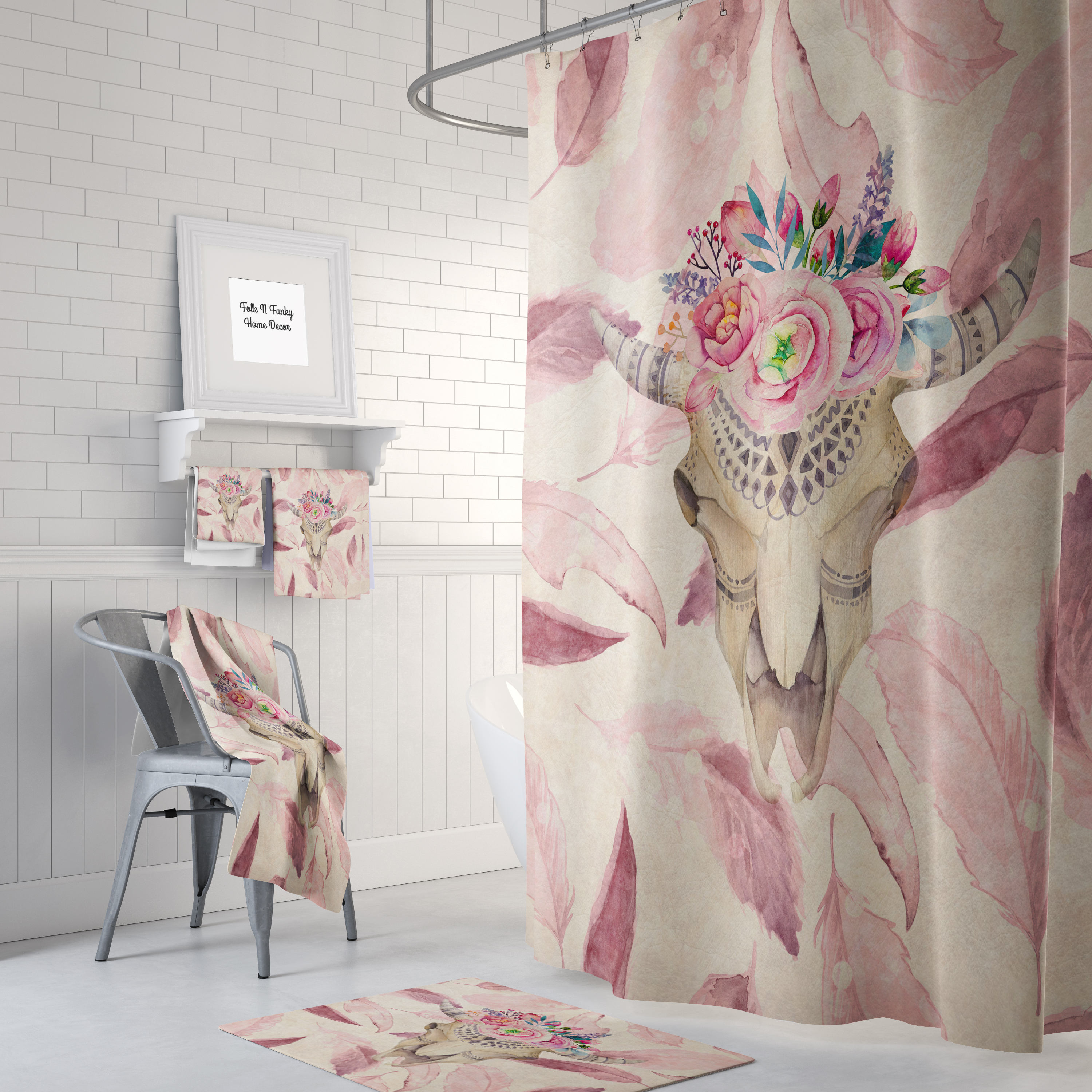 Pink Boho Bull Skull Shower Curtain, Bohemian Bathroom Decor, Unique Bath Print, Eclectic Home Design