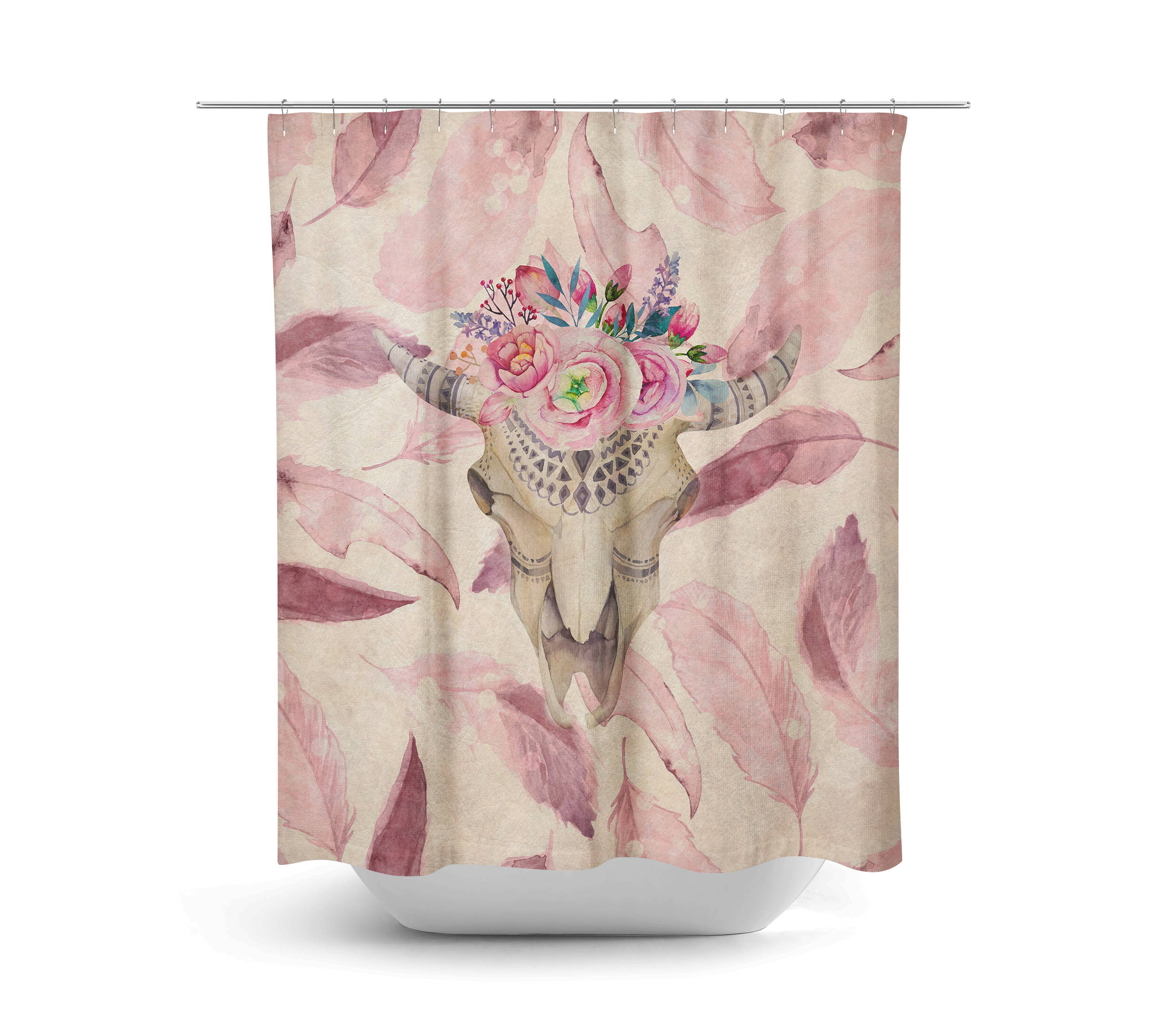 Pink Boho Bull Skull Shower Curtain, Bohemian Bathroom Decor, Unique Bath Print, Eclectic Home Design - Image 2