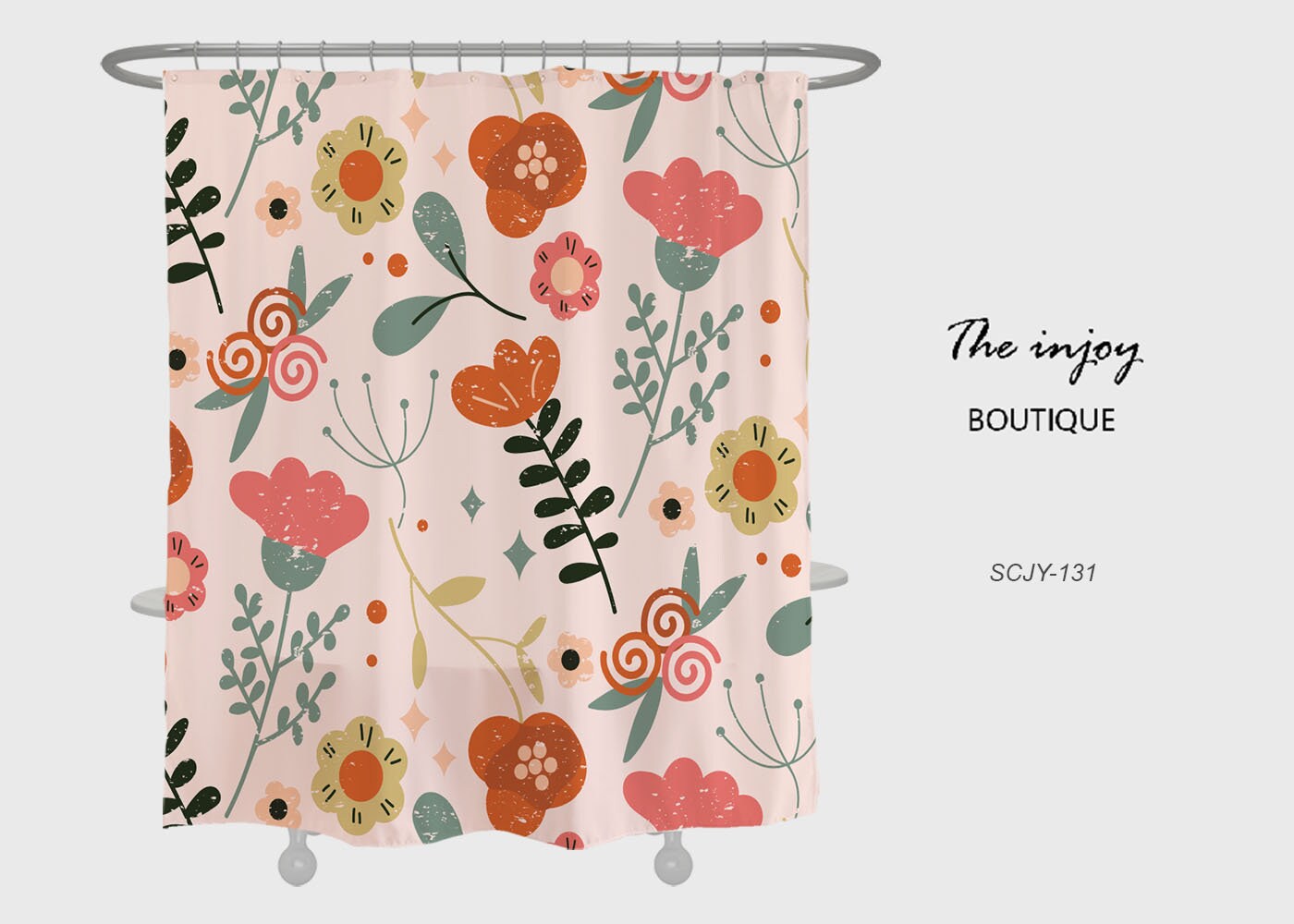 Pink Boho Floral Shower Curtain with Watercolor Flowers and Customizable Sizes