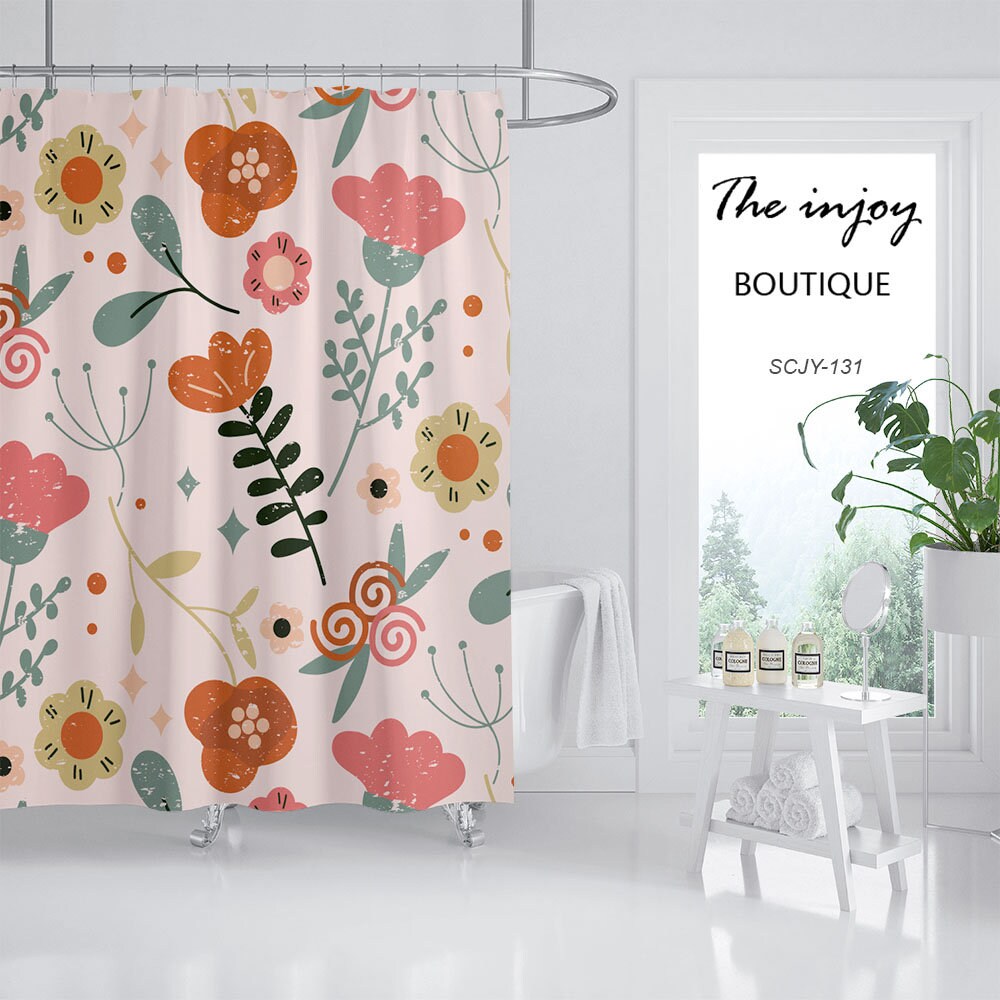 Pink Boho Floral Shower Curtain with Watercolor Flowers and Customizable Sizes - Image 2