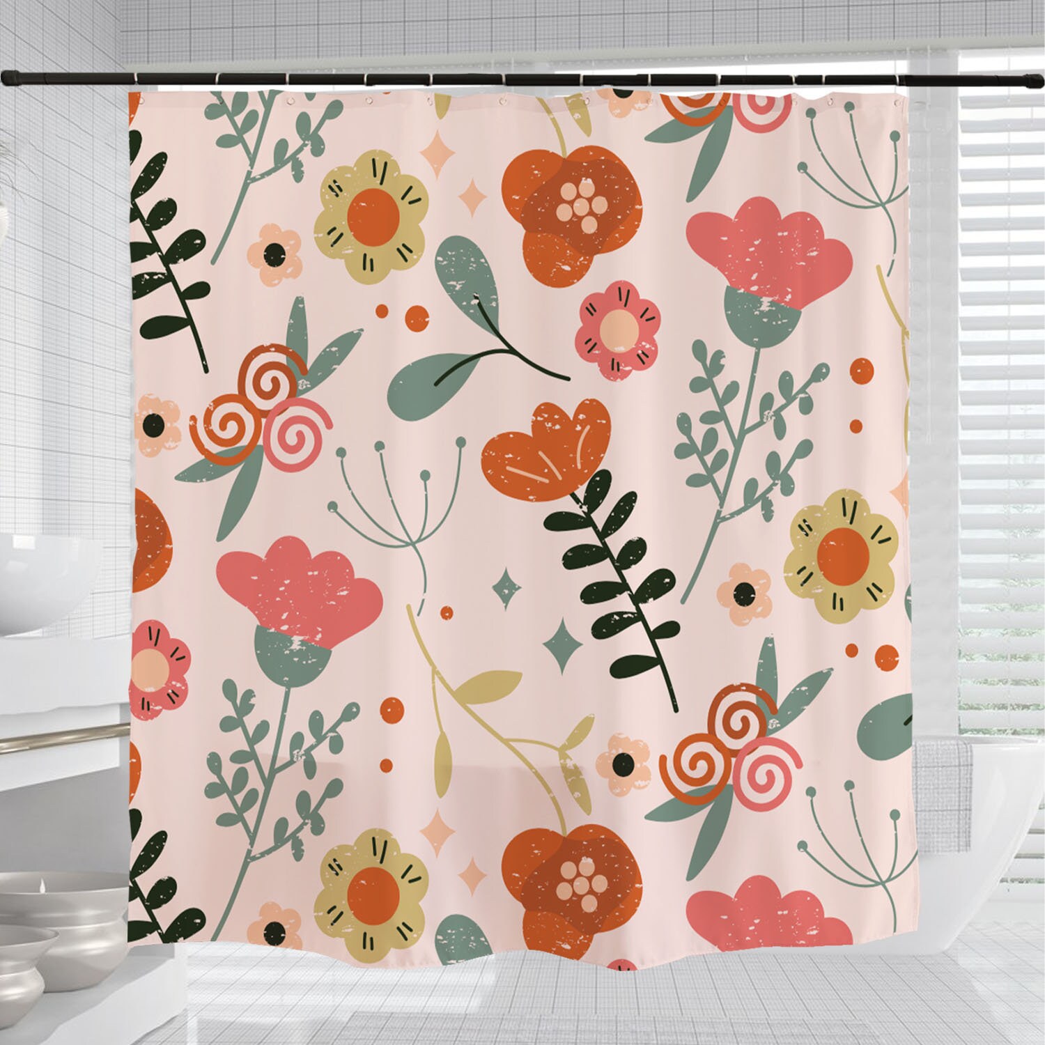 Pink Boho Floral Shower Curtain with Watercolor Flowers and Customizable Sizes - Image 3