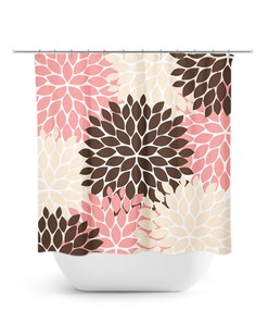Pink Brown Tan Floral Shower Curtain, Feminine Bath Curtain for Brown Pink Bathroom and Girls Bathroom