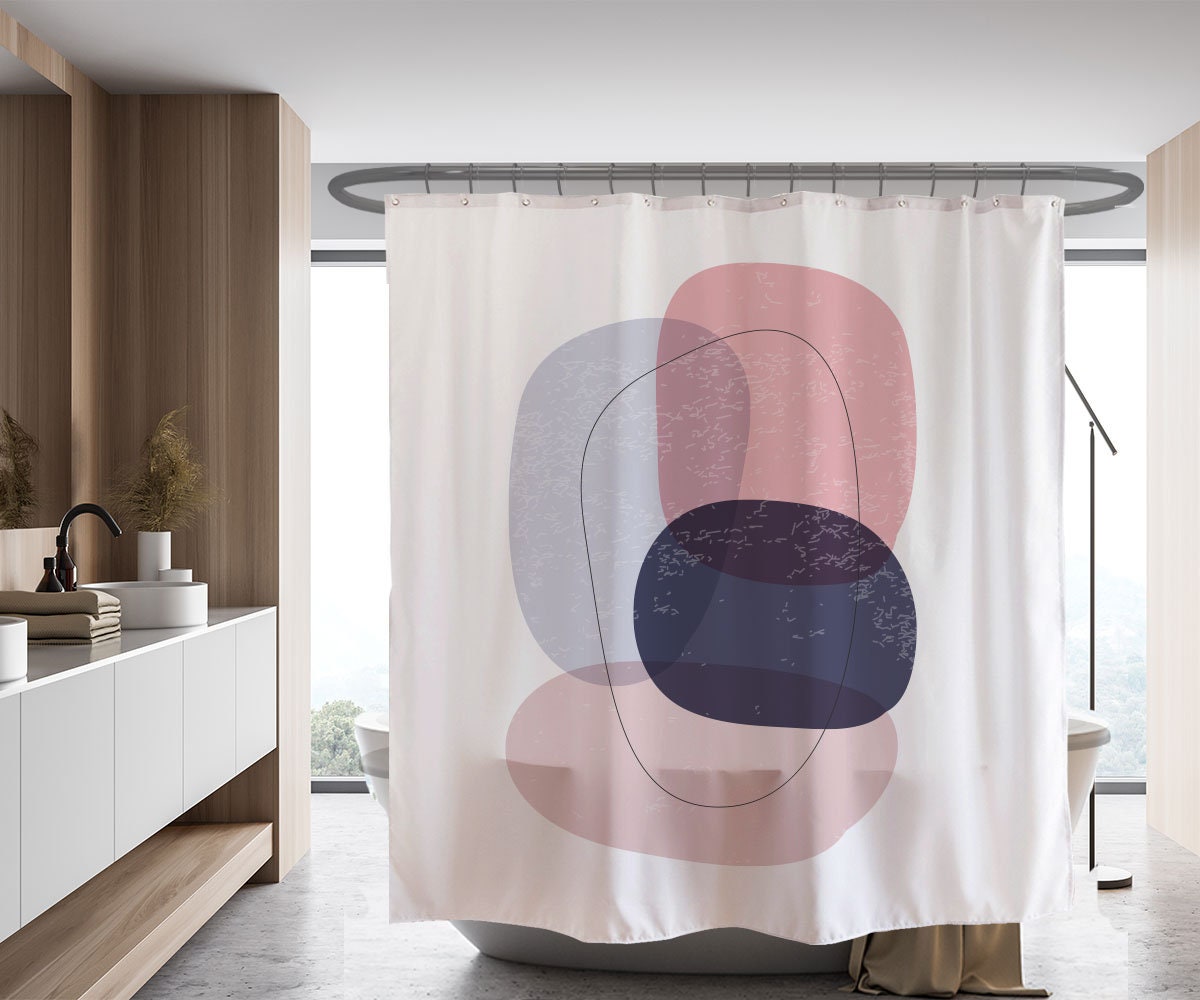 Pink Bule Color Blocks Shower Curtain - Waterproof Extra Heavy Quality Curtains - Minimalist Style Modern Art - Image 2