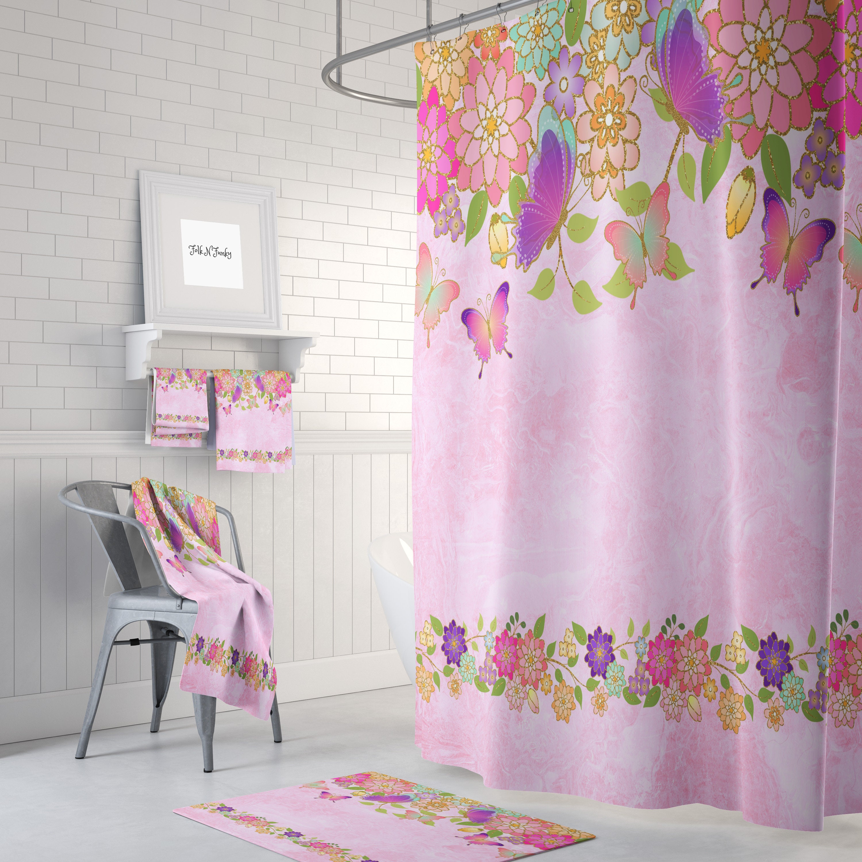 Pink Butterfly Shower Curtain with Optional Bath Set