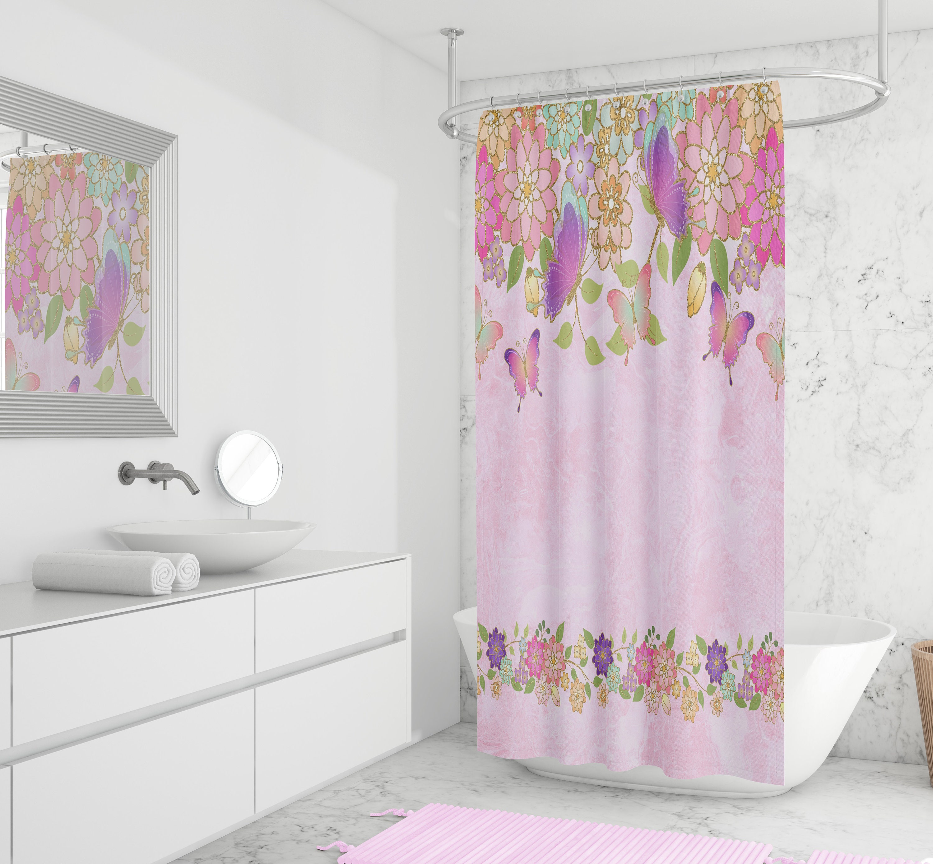 Pink Butterfly Shower Curtain with Optional Bath Set - Image 2