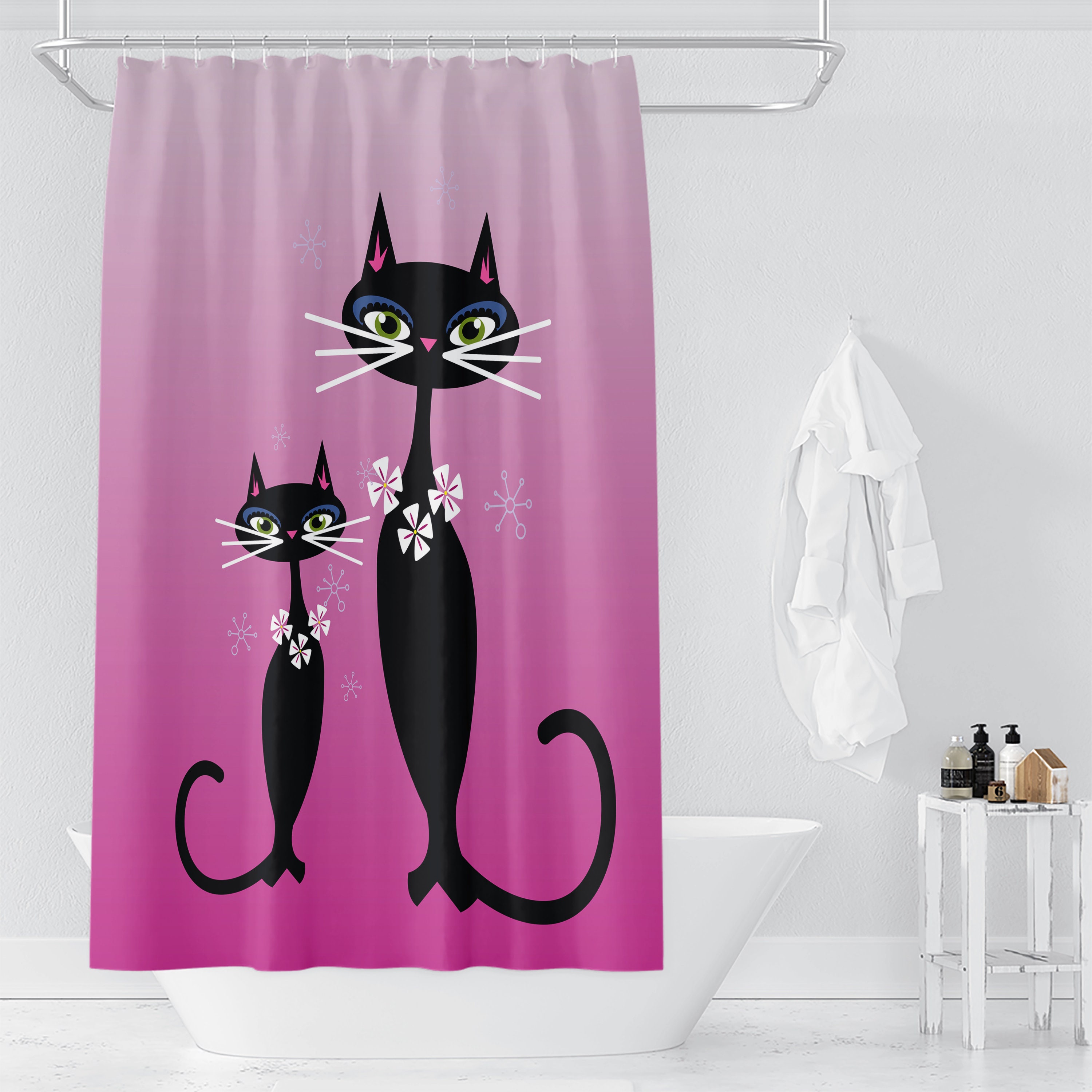 Pink Cats Midcentury Modern Shower Curtain for Your Bathroom Decor - Image 2