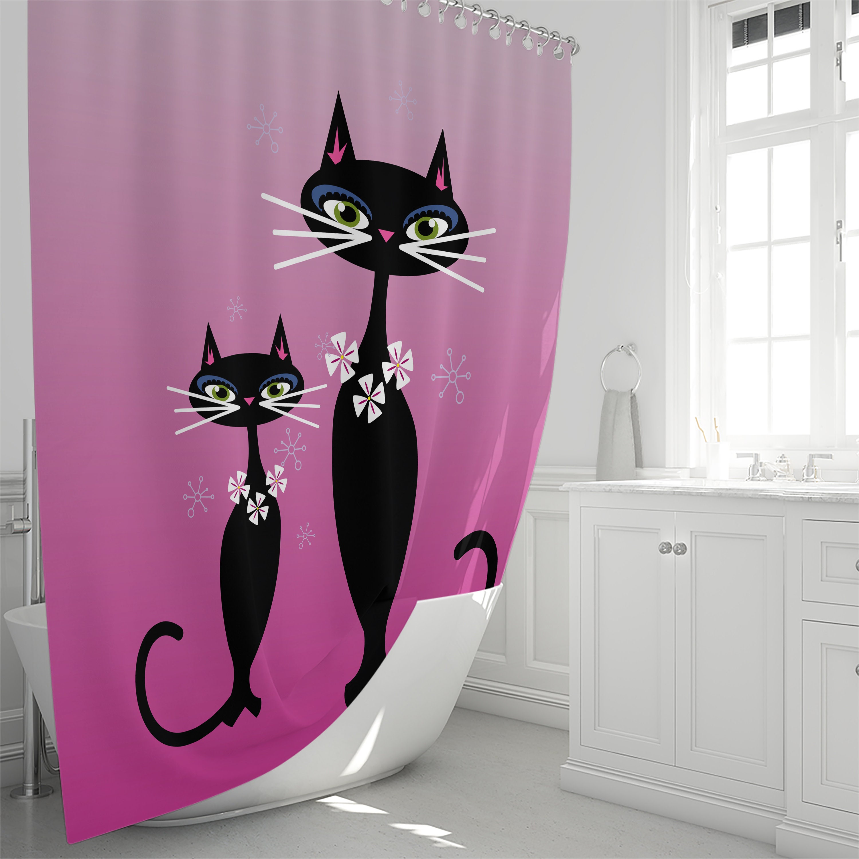 Pink Cats Midcentury Modern Shower Curtain for Your Bathroom Decor - Image 3