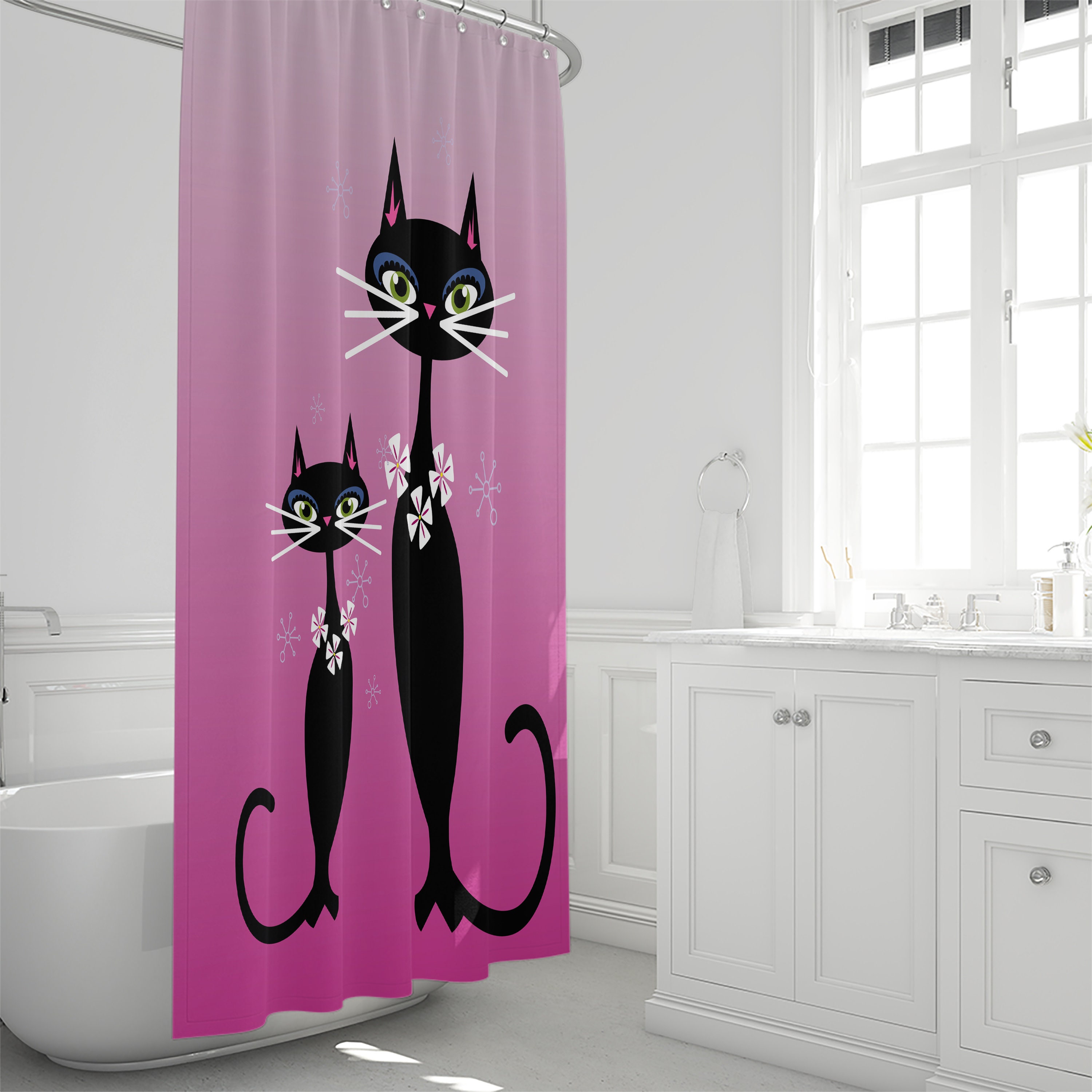 Pink Cats Midcentury Modern Shower Curtain for Your Bathroom Decor - Image 4