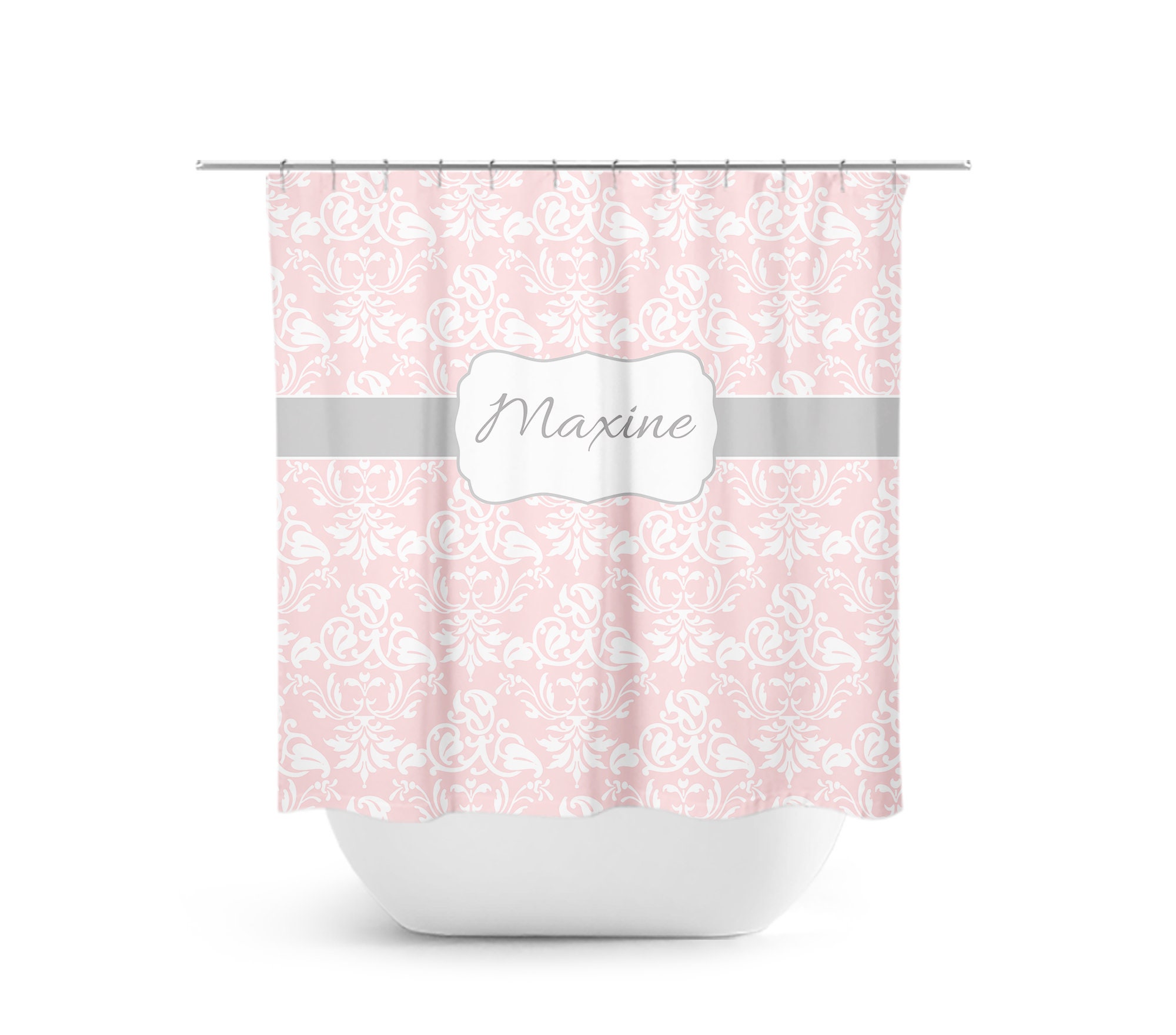 Pink Damask Monogram Shower Curtain, Personalized Shower Decor for Pink Gray Bathroom - SHOWER53