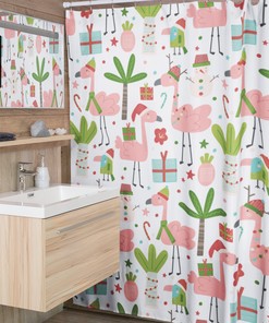 Pink Flamingo Christmas Shower Curtain, Retro holiday Decor for Funky Bath