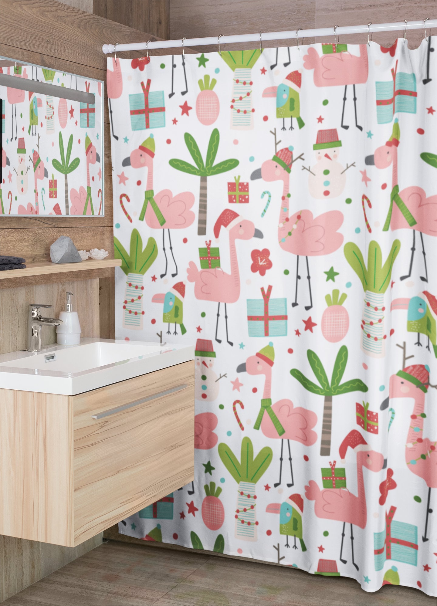Pink Flamingo Christmas Shower Curtain, Retro holiday Decor for Funky Bath