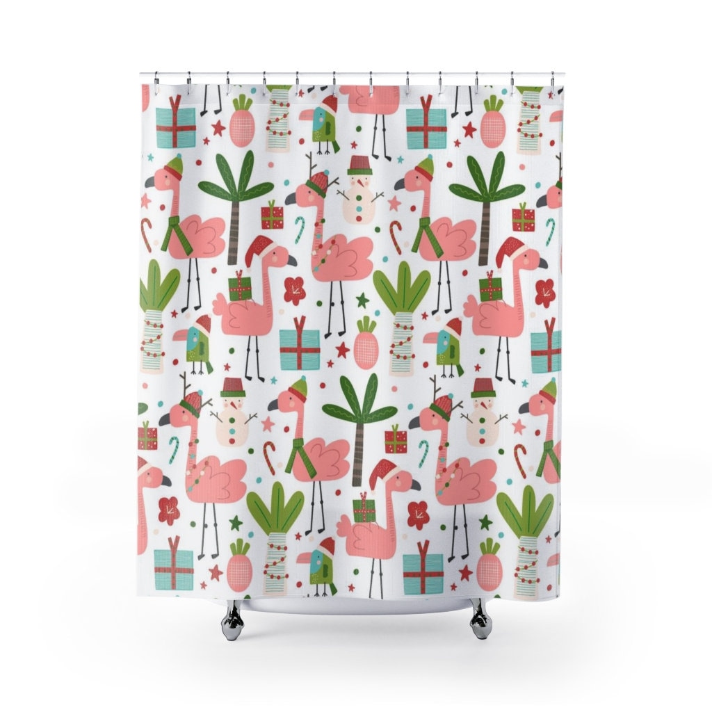 Pink Flamingo Christmas Shower Curtain, Retro holiday Decor for Funky Bath - Image 2