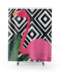 Pink Flamingo with Black and White Geometric Retro Shower Curtain for a Retro-Chic Bathroom
