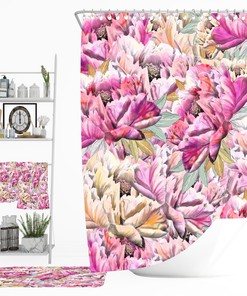 Pink Floral Shower Curtain - Feminine Bath Curtain with Optional Towels and Mat for Elegant Bathroom Decor