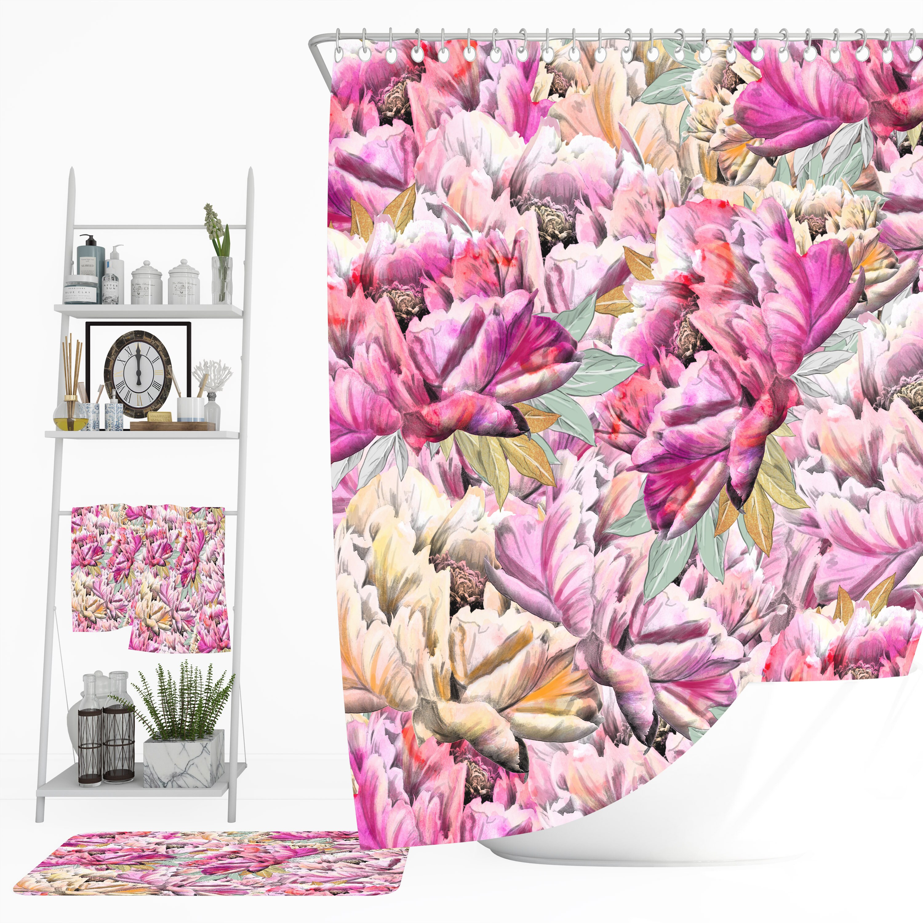 Pink Floral Shower Curtain - Feminine Bath Curtain with Optional Towels and Mat for Elegant Bathroom Decor